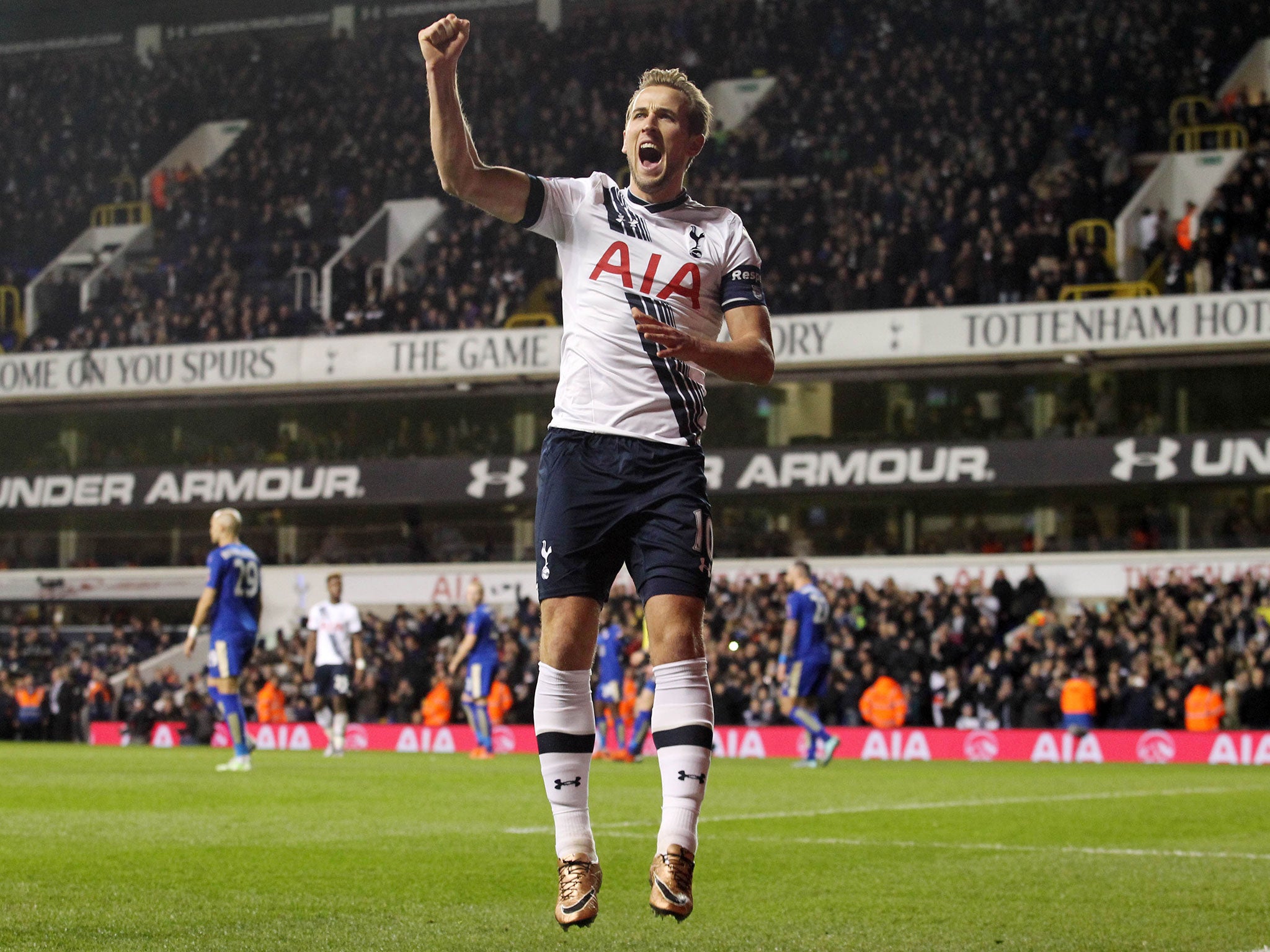 Harry Kane celebrates scoring for Spurs against Leicester