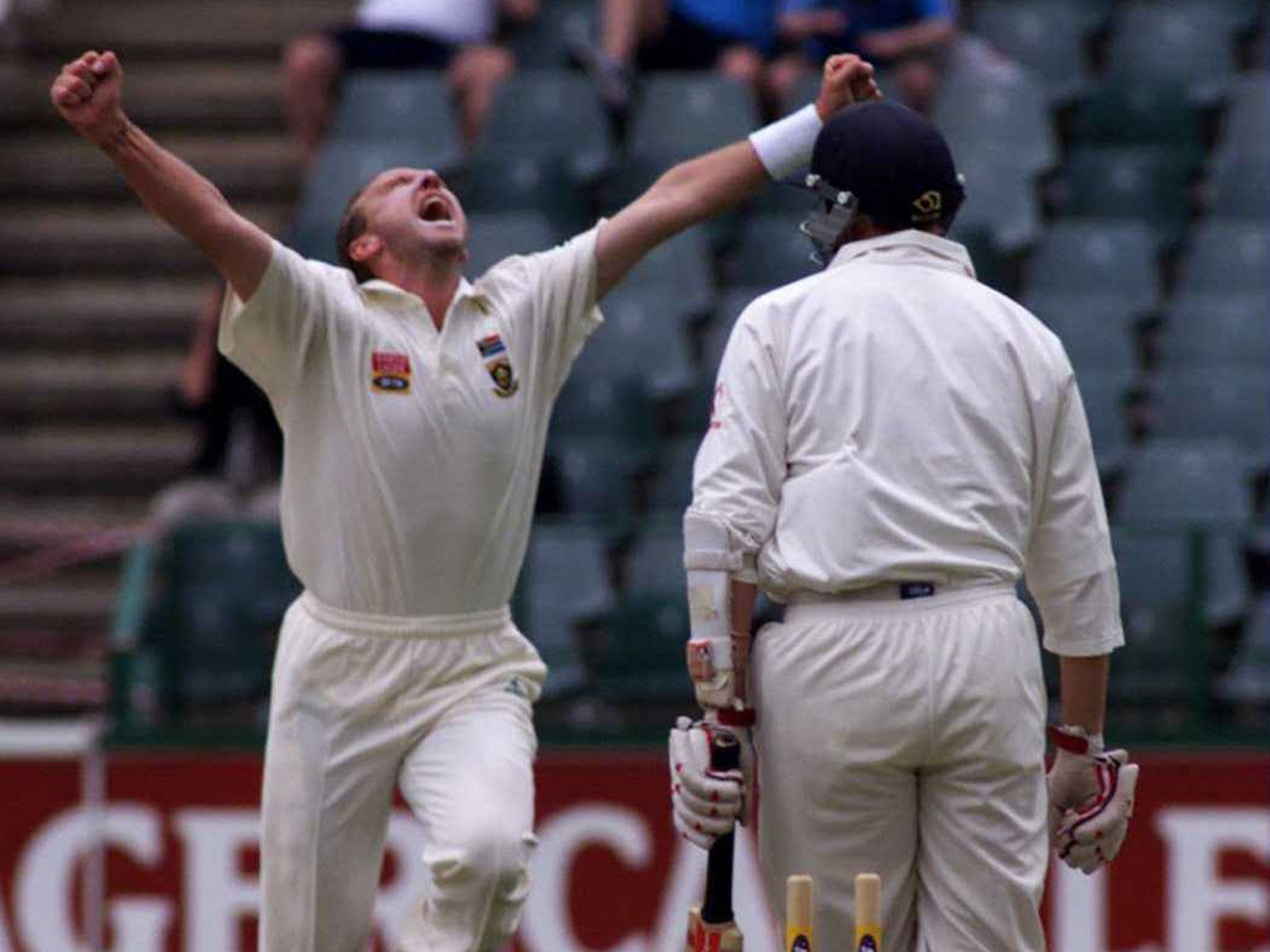 Allan Donald celebrates after bowling Mike Atherton for a duck during the first day of the first Test at the Wanderers in 1999