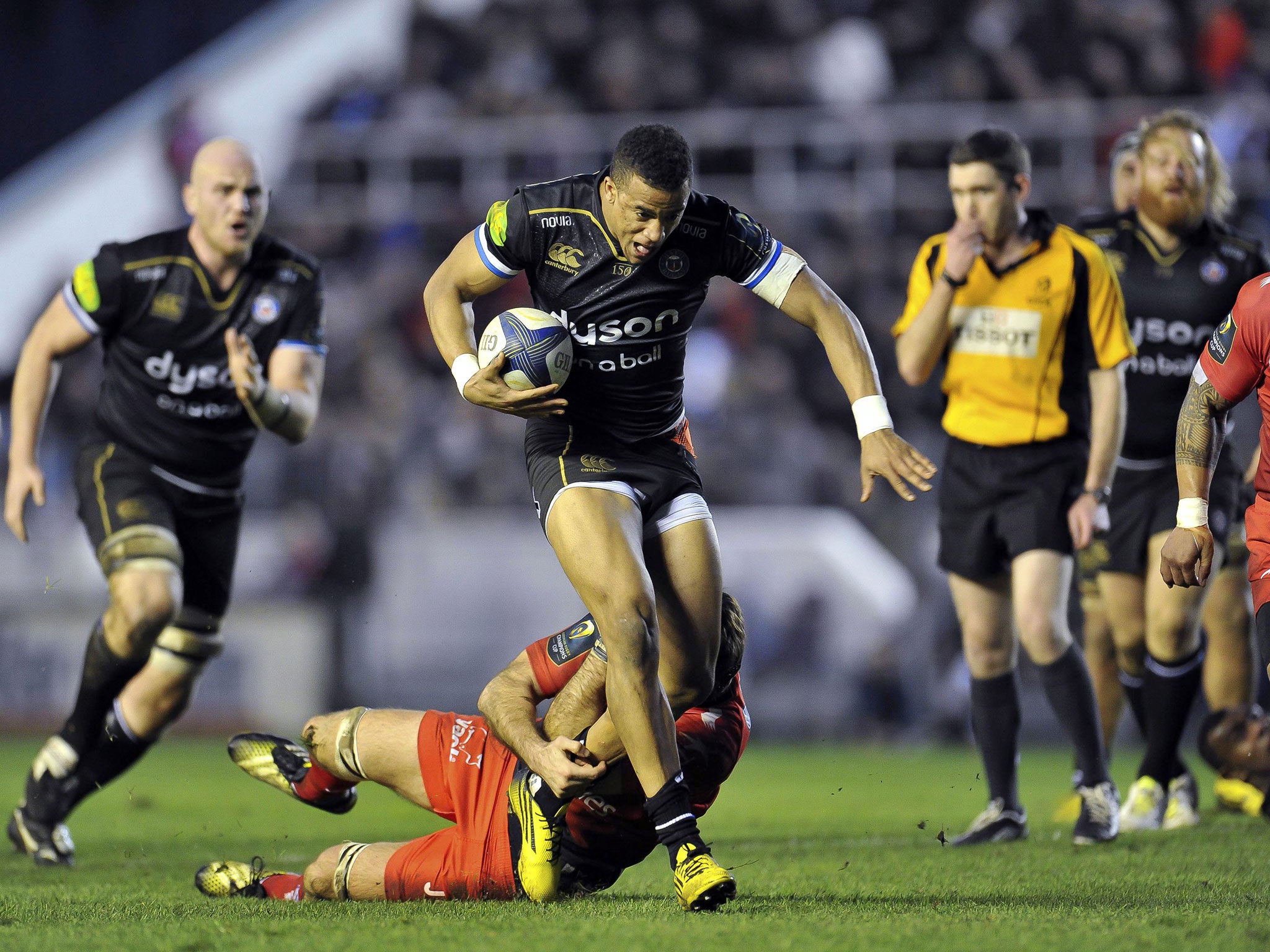 Bath’s Anthony Watson tries to break through the Toulon defence