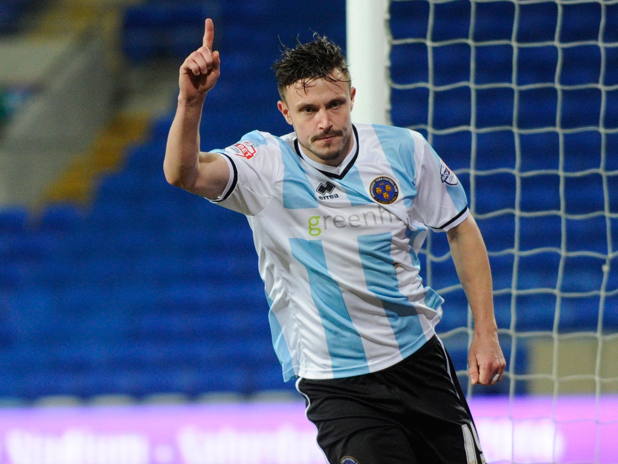 Andy Mangan celebrates scoring Shrewsbury’s winner at Cardiff