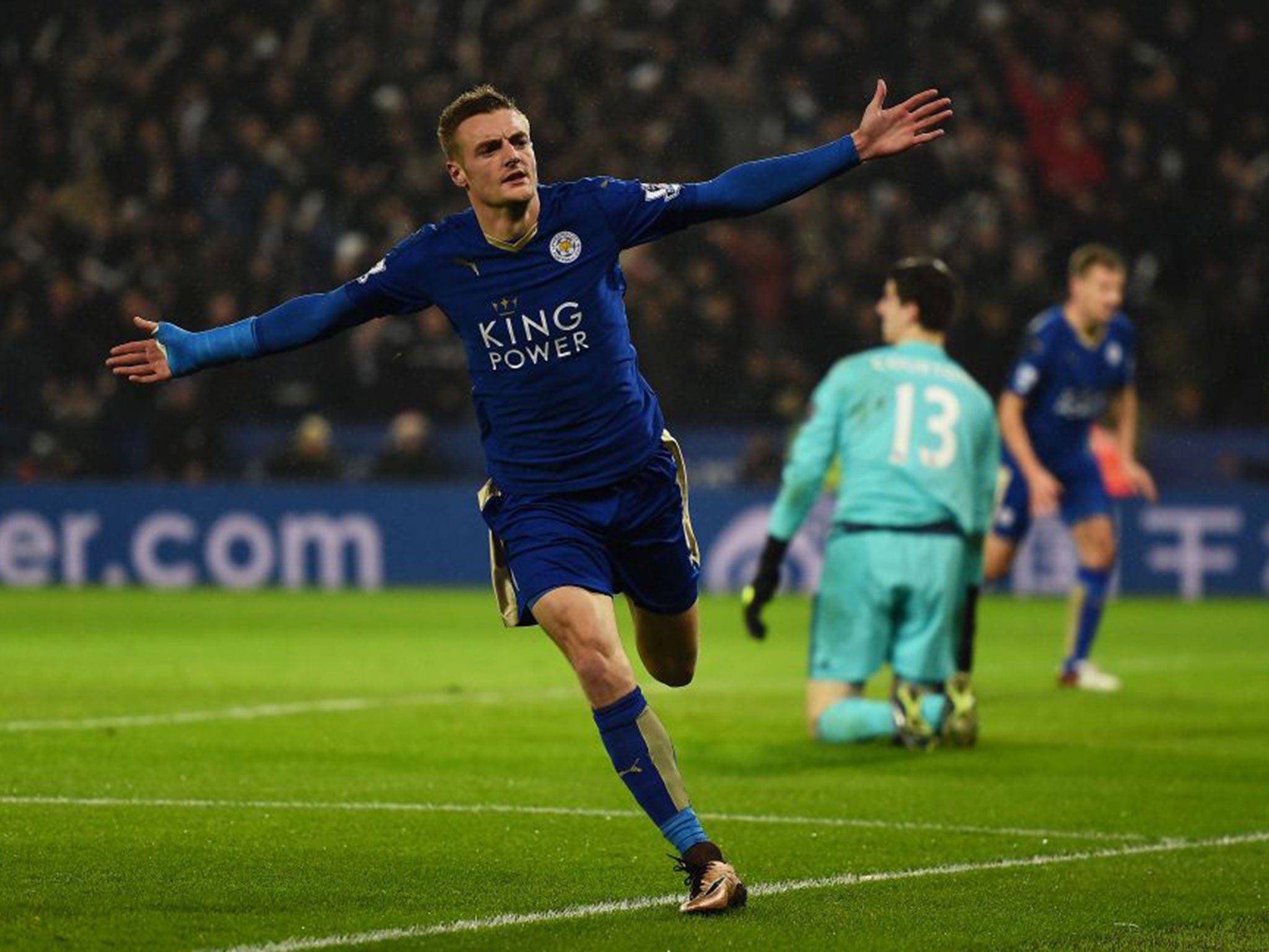 Jamie Vardy celebrates scoring in Leicester’s win over reigning champions Chelsea last month