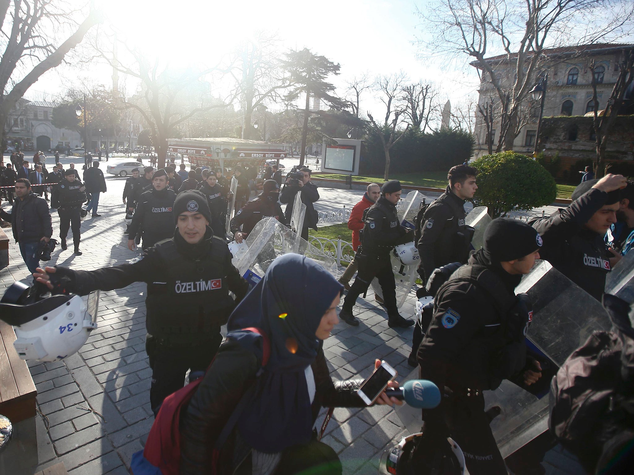 Police secure the area after an explosion in central Istanbul