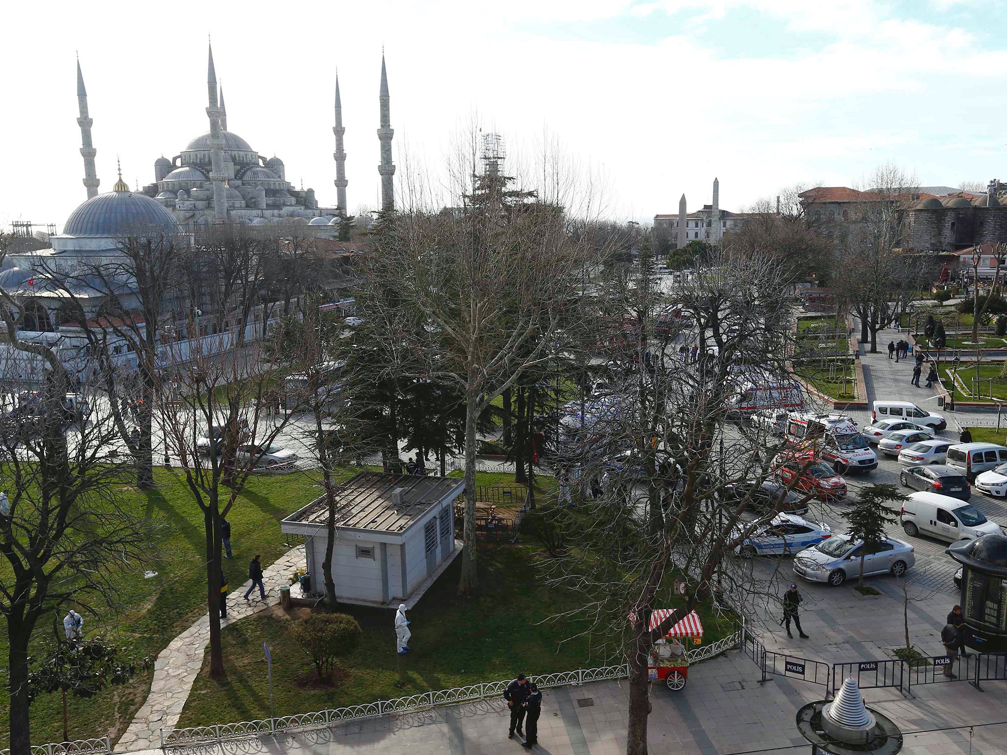 Police secure the area after an explosion near the Ottoman-era Sultanahmet mosque, known as Blue mosque in Istanbul