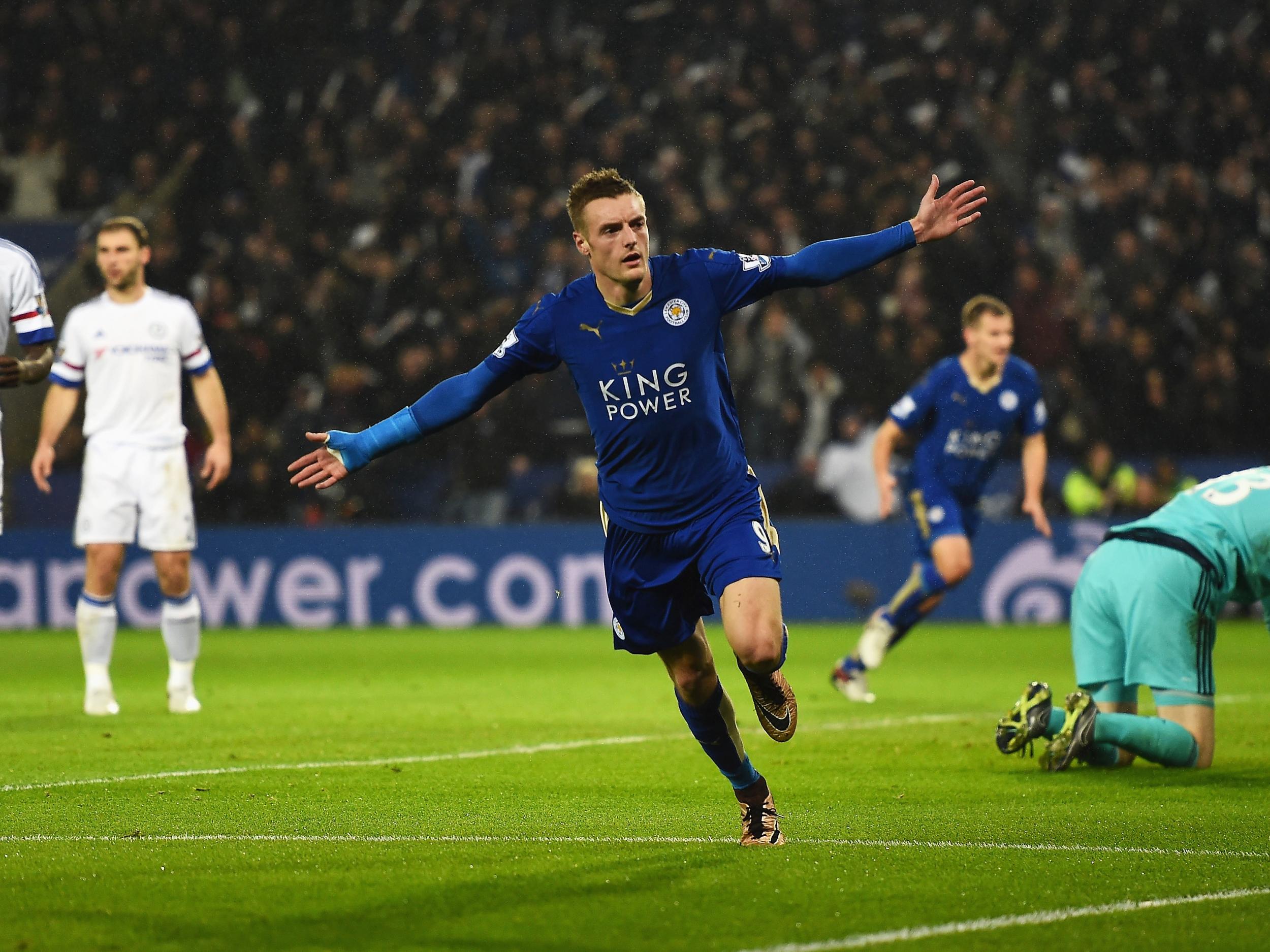 Jamie Vardy scores against Chelsea