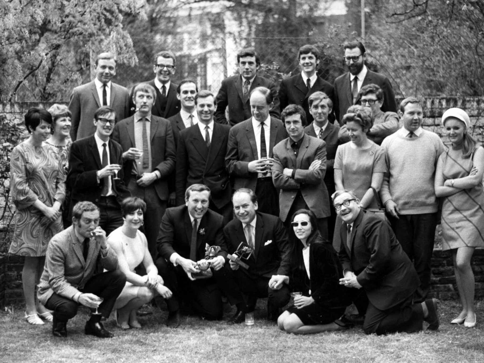 Spot the superstar: The cast and writers of ‘The Frost Report’, including Feldman on the far left of the front row and Terry Jones, third from the left on the back row next to writing partner Michael Palin on his right