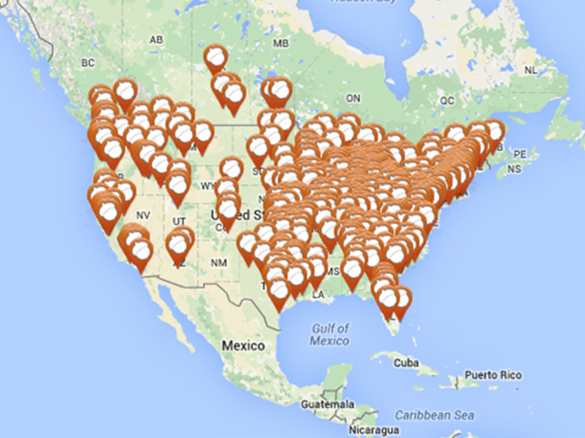 Each marker represents a squirrel related power outages since 1987, the majority occuring in 2015