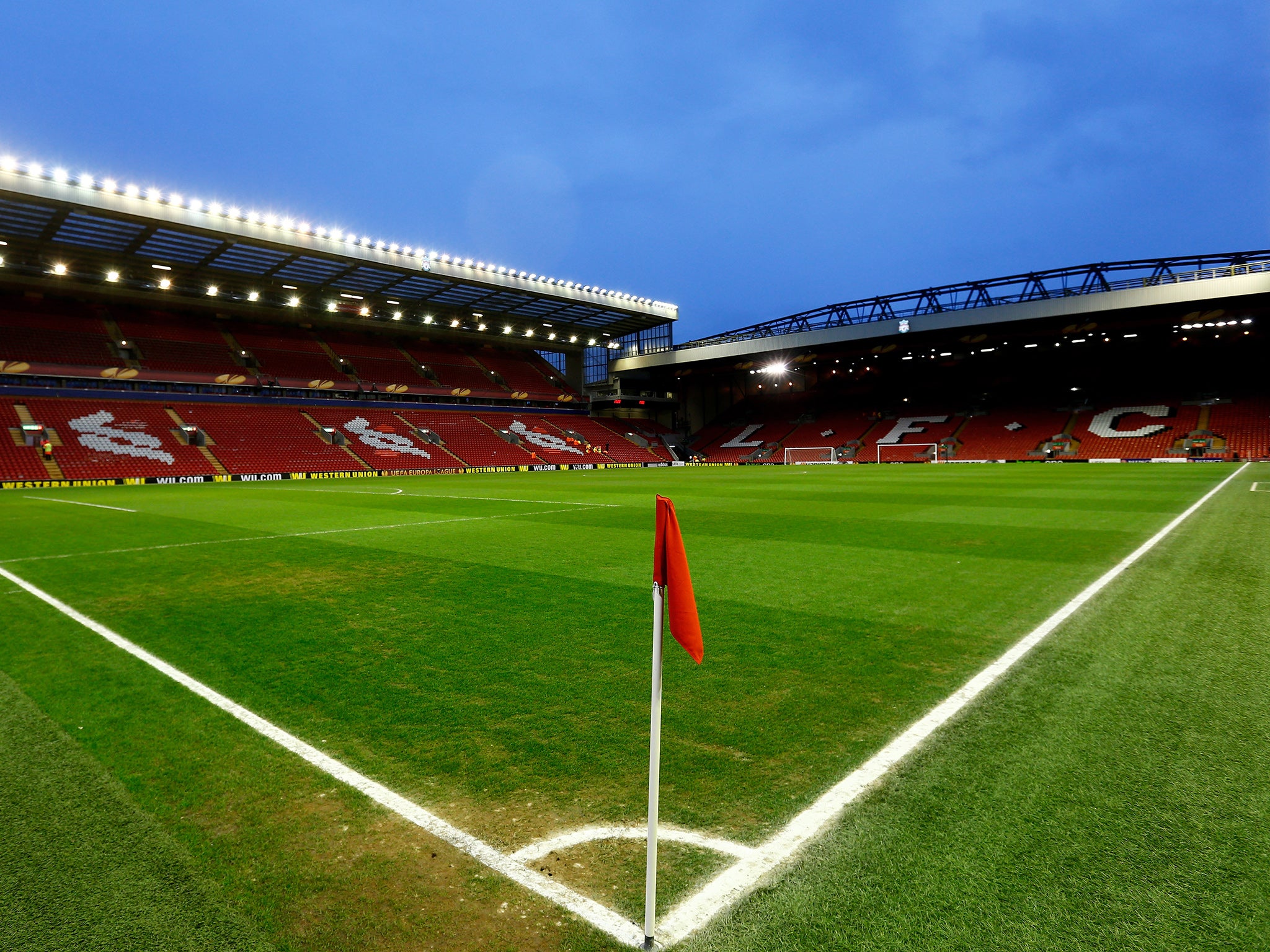 Liverpool's stadium Anfield at dusk