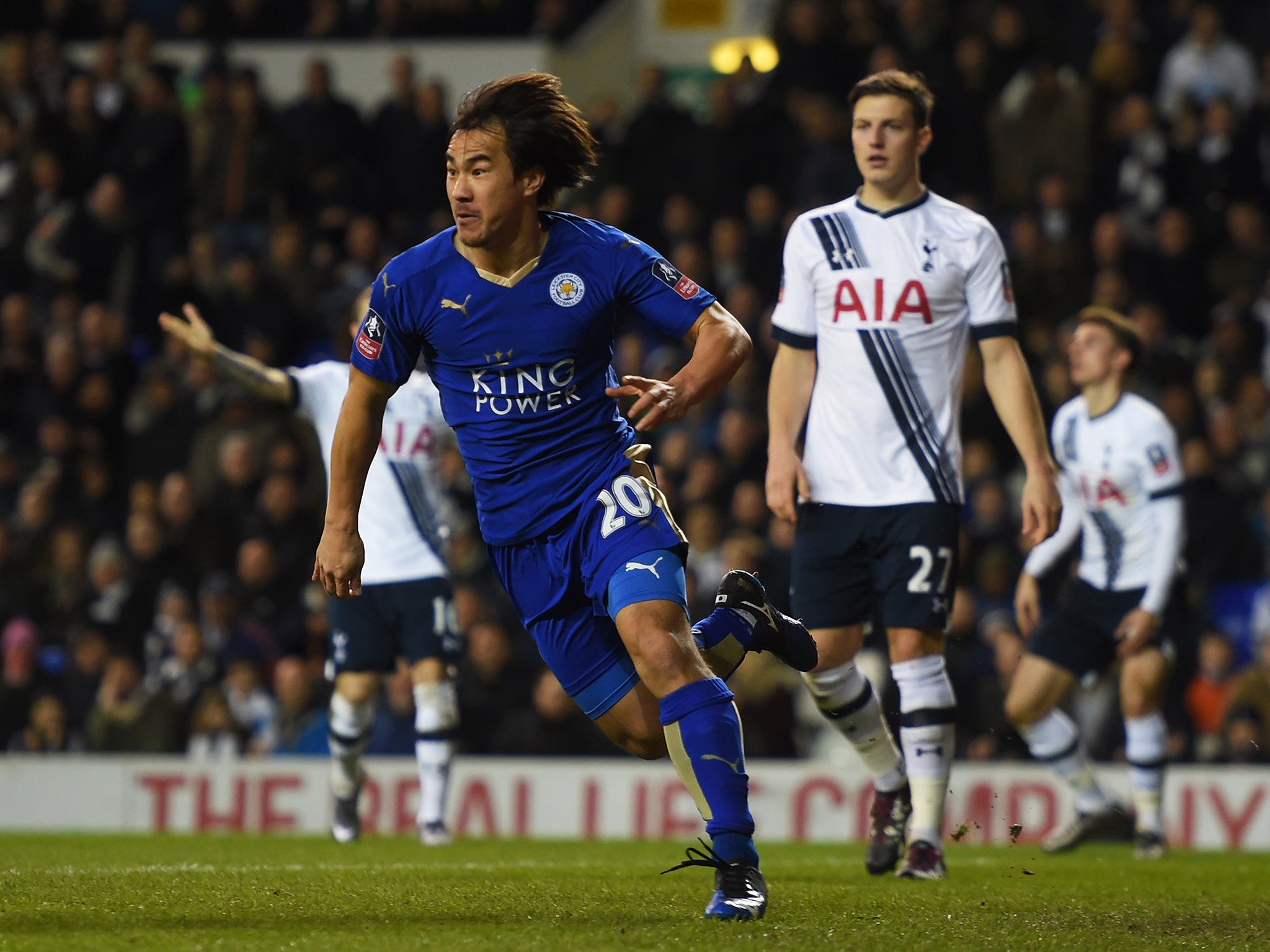 Shinji Okazaki celebrates scoring against Tottenham in the FA Cup