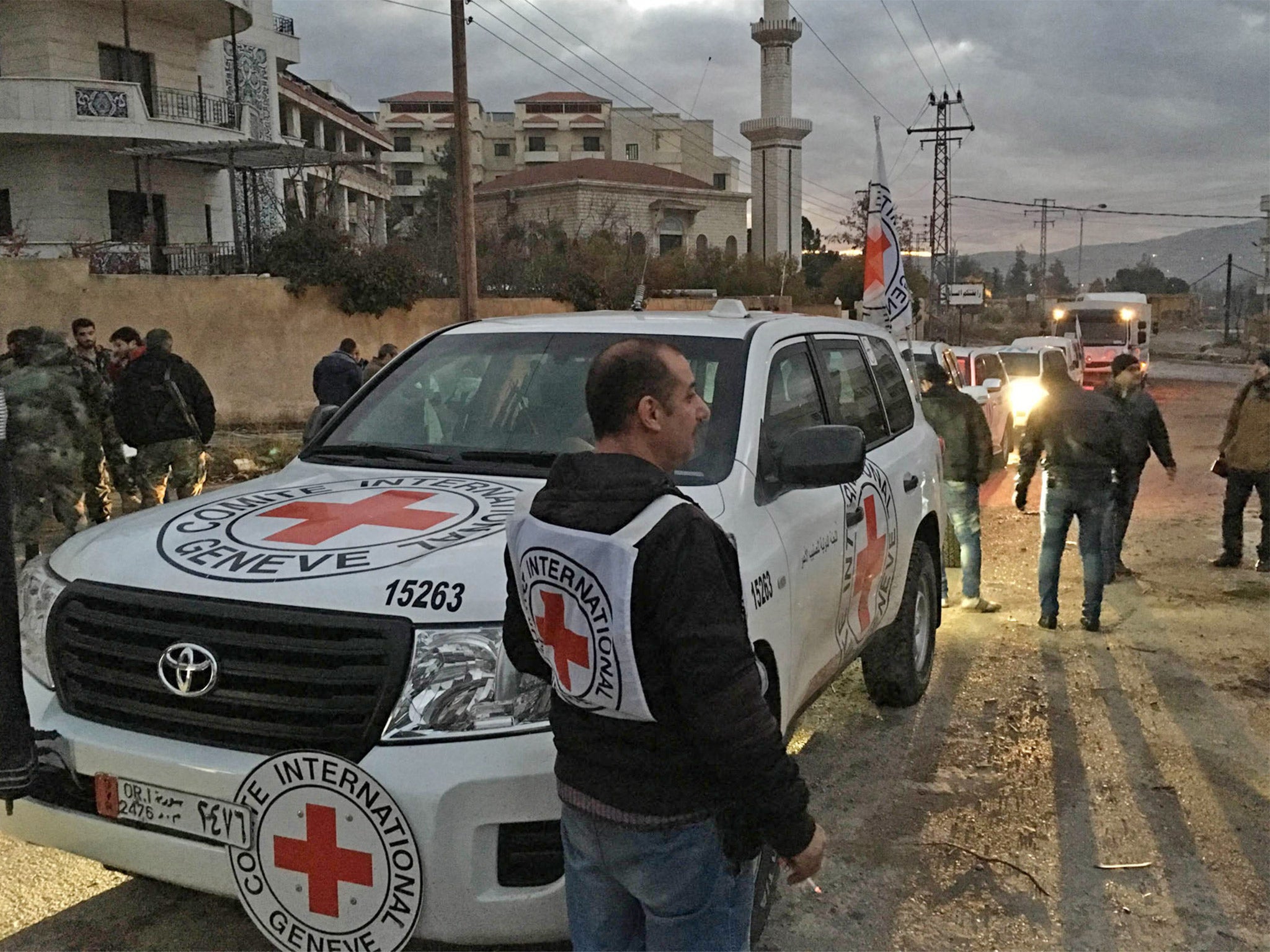 A Red Cross convoy containing food, medical items, blankets and other materials being delivered to the town of Madaya