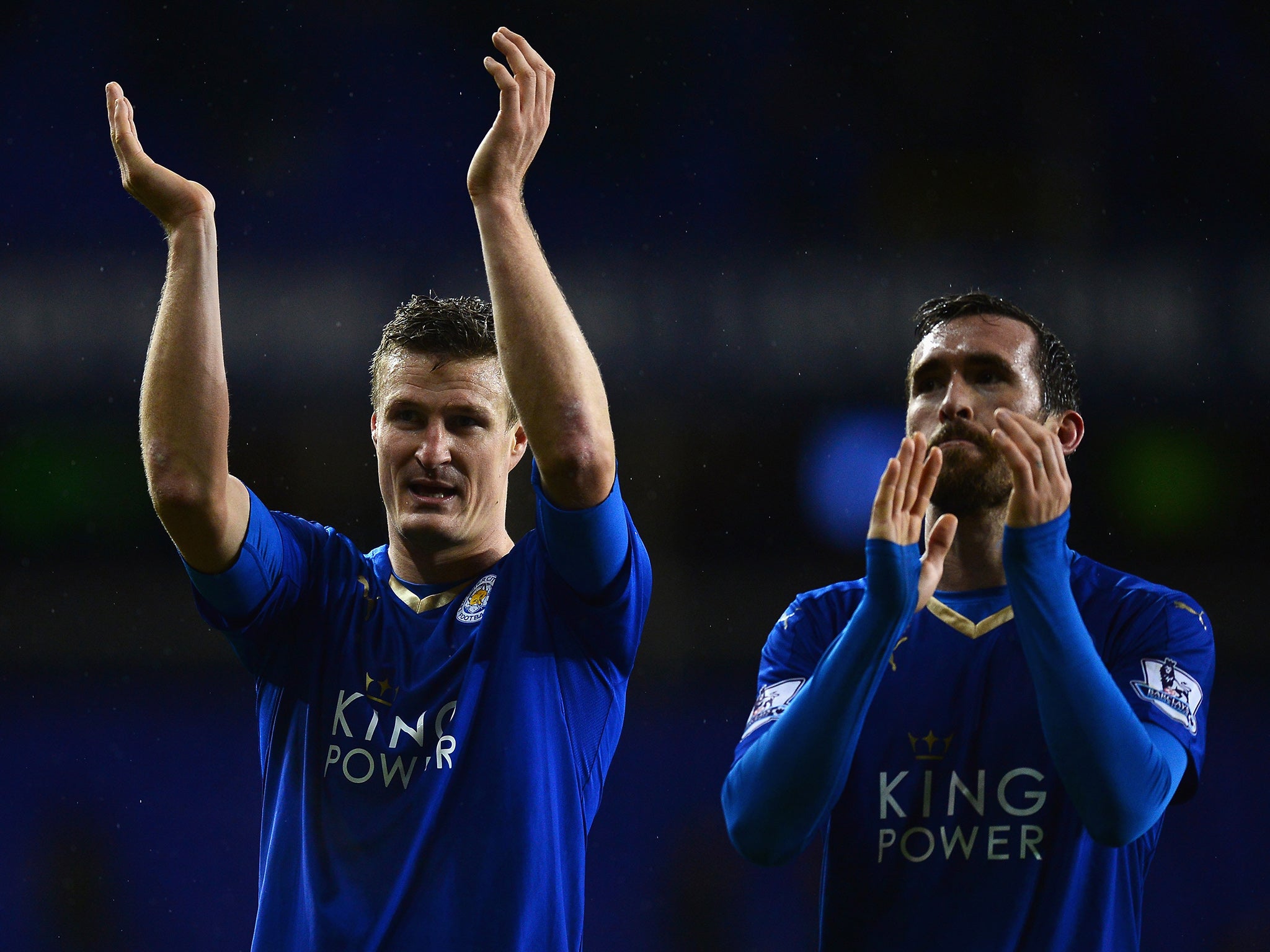 Leicester City's Robert Huth and Riyad Mahrez