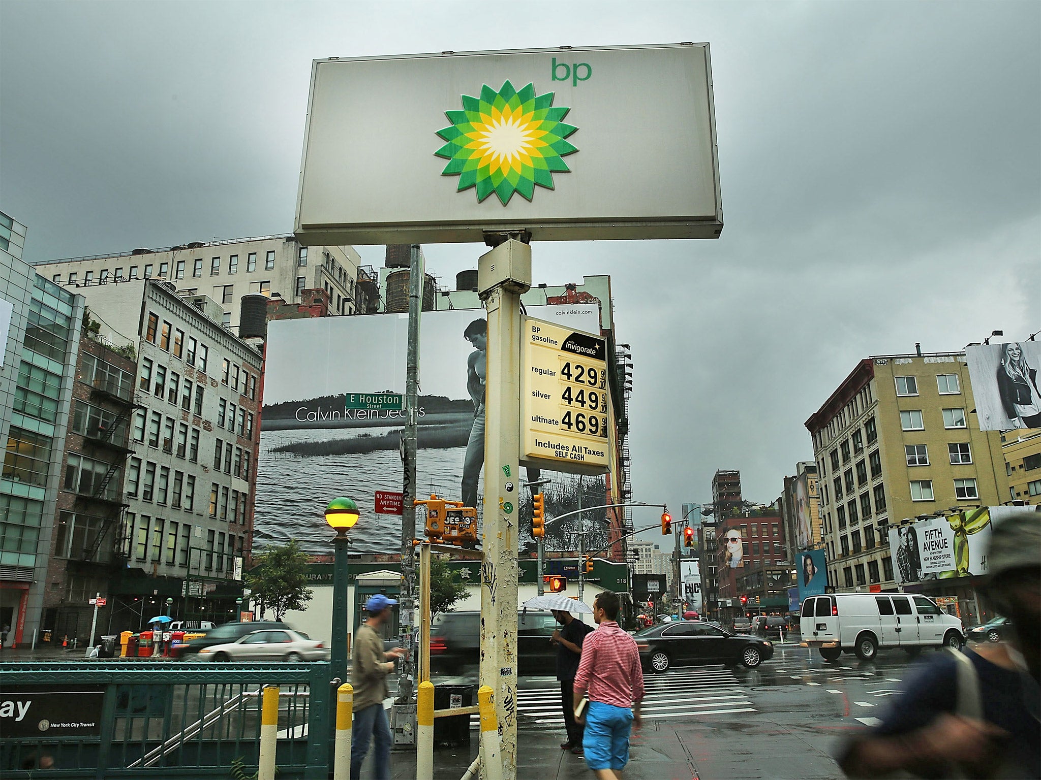 A petrol station in New York in 2014. The oil price has since dropped by more than half