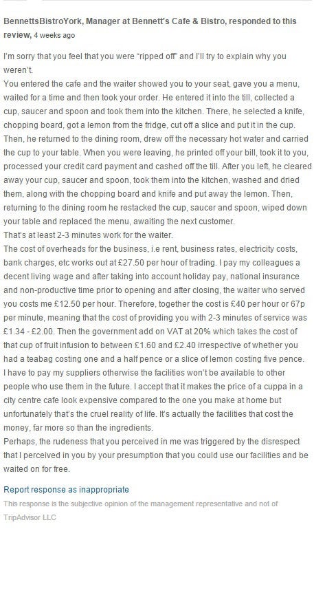 The manager of Bennett's in York responded to the terrible review on TripAdvisor