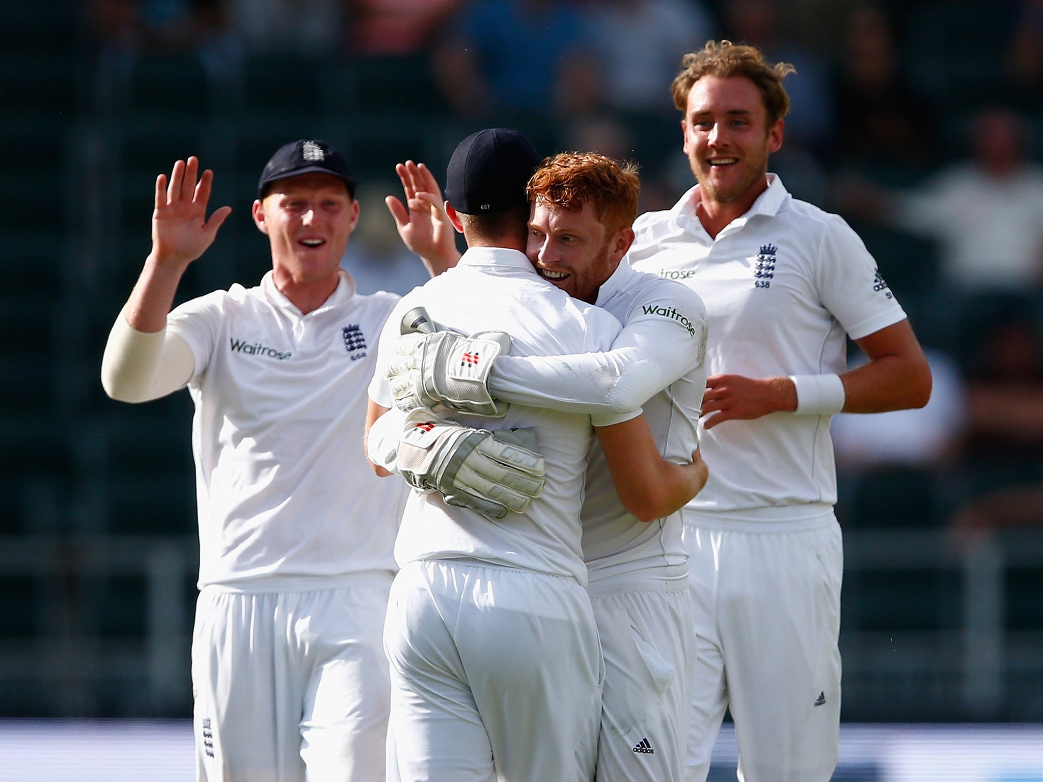 Jonny Bairstow celebrates running out Temba Bavuma from Chris Woakes's fielding