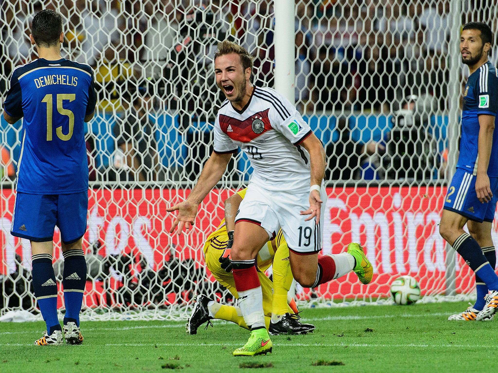 Mario Gotze celebrates after scoring Germany's winning goal in the 2014 World Cup final against Argentina