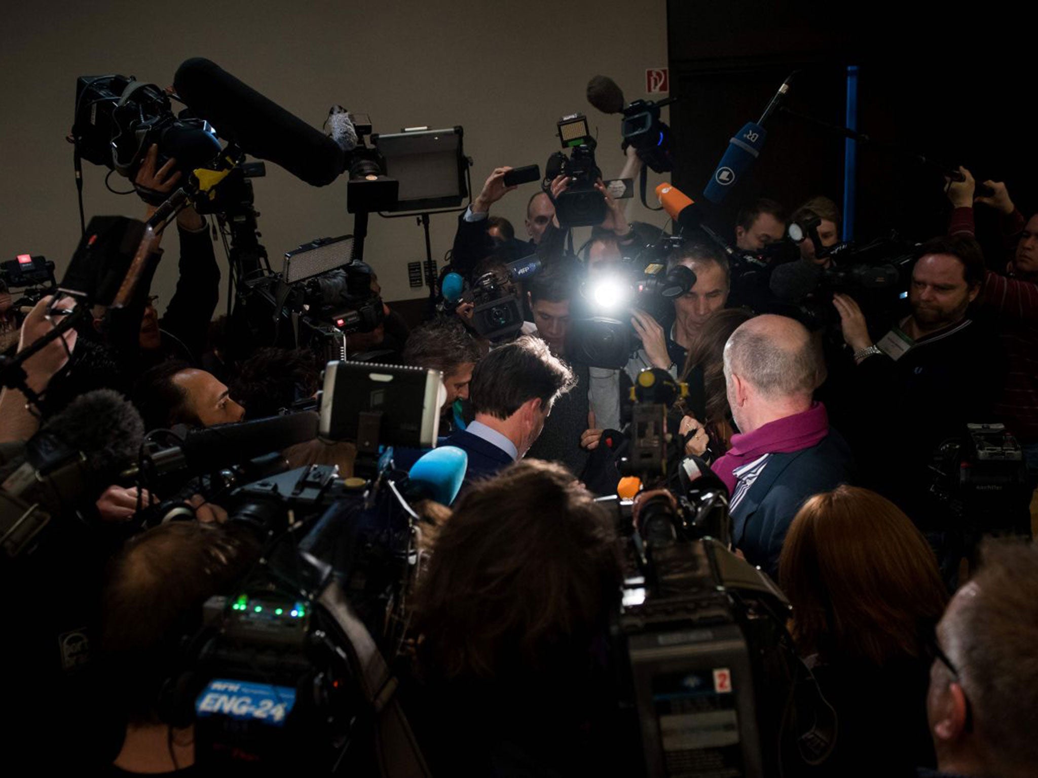 The IAAF’s president Sebastian Coe leaves the Wada press conference in Munich held by Dick Pound