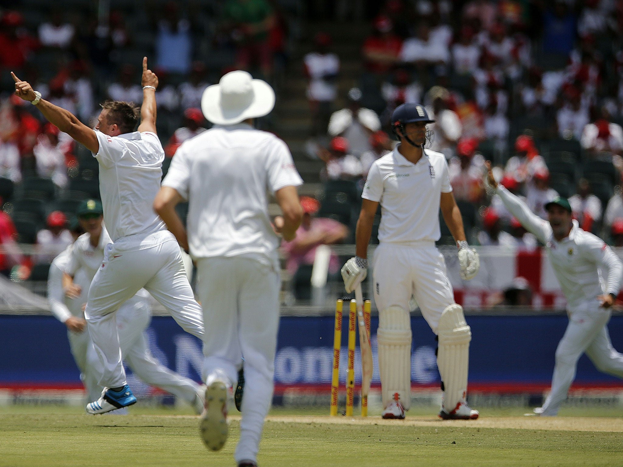 Hardus Viljoen celebrates after having Alastair Cook caught behind with his first ball in Test cricket