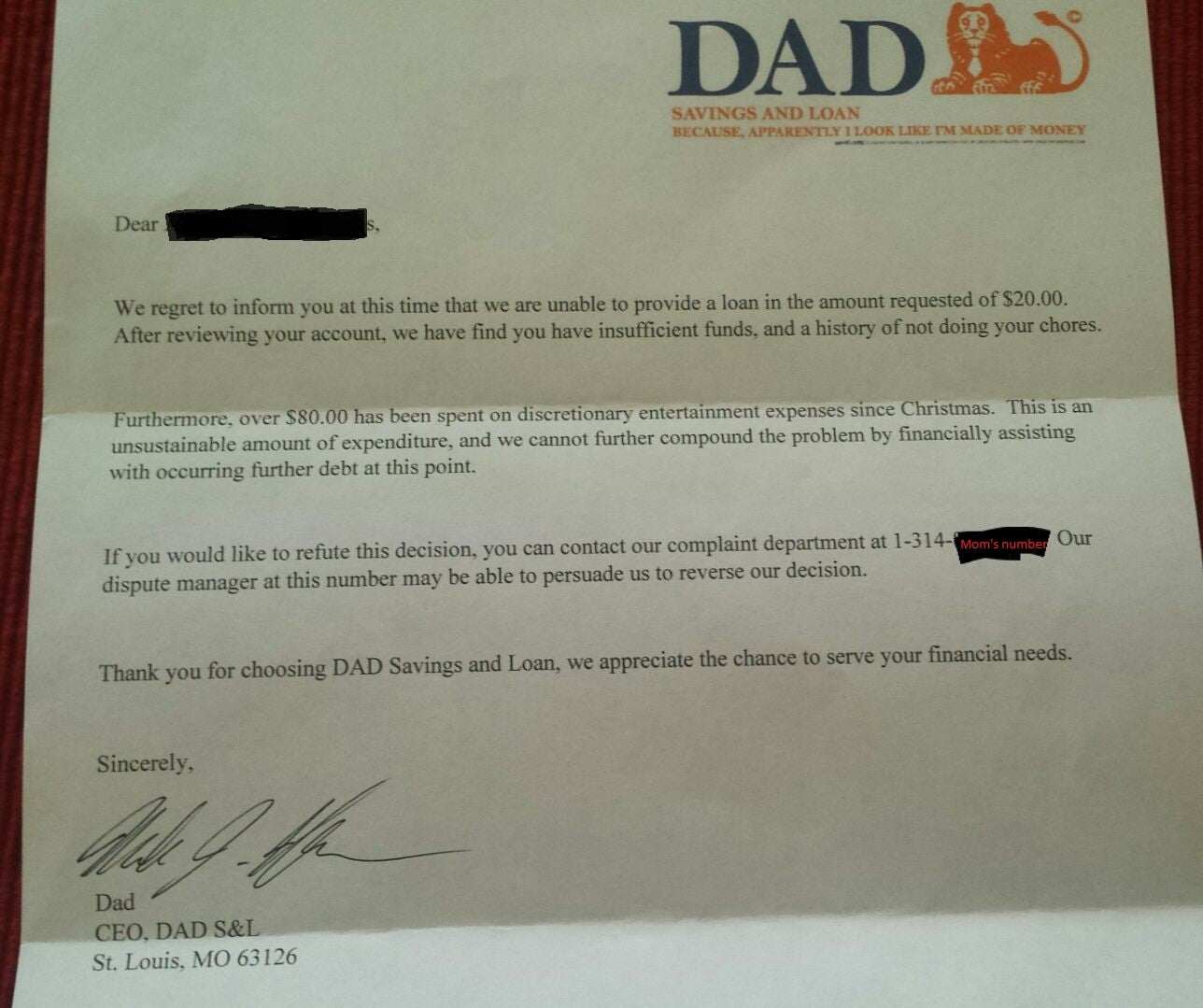 Father's response to son asking for pocket money advance