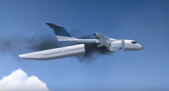 The video shows how the cabin would detach mid-flight as well as during take-off and landing