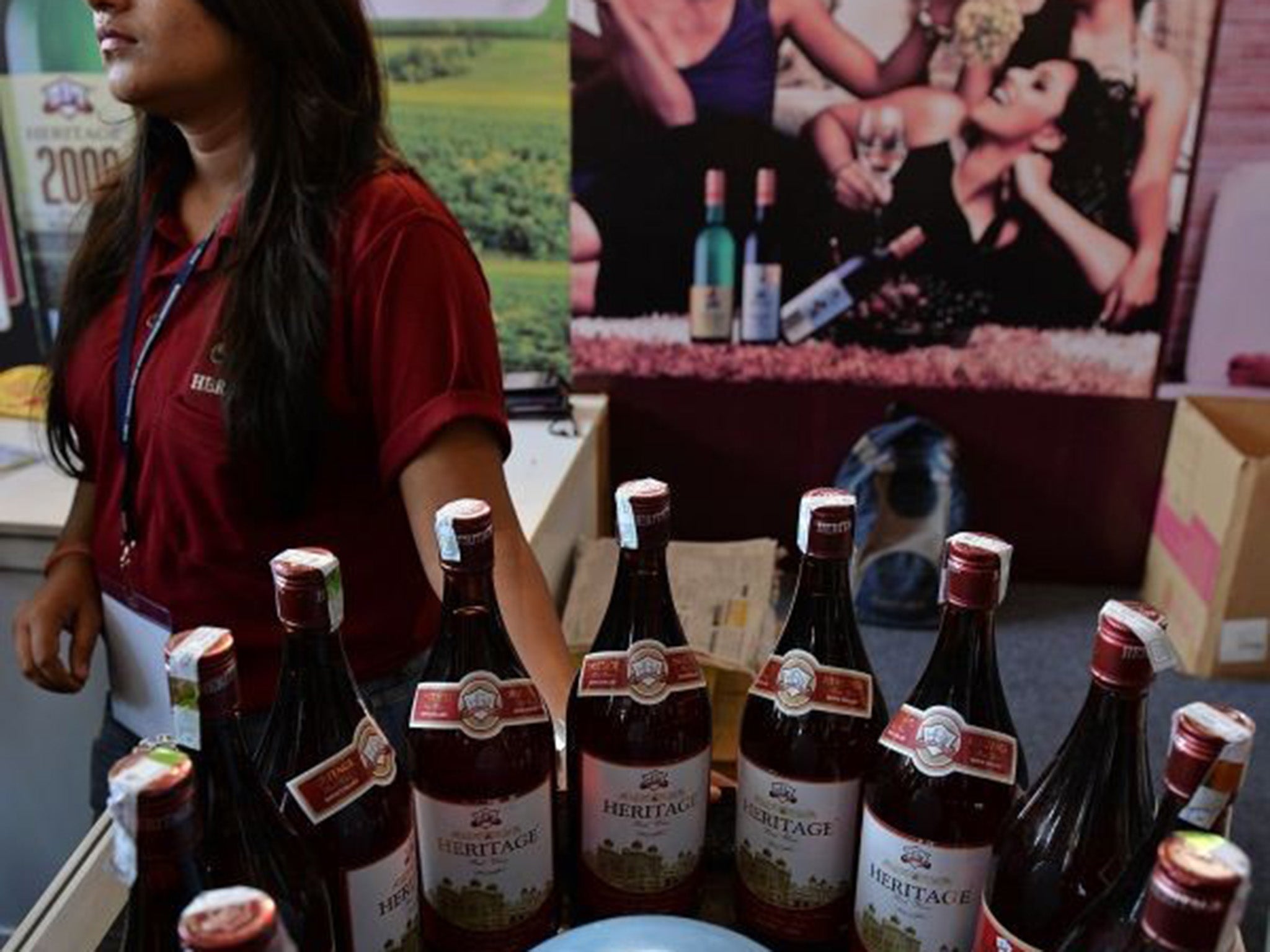 Bottles of Indian wines are seen on display during the International Wine Festival in Bangalore