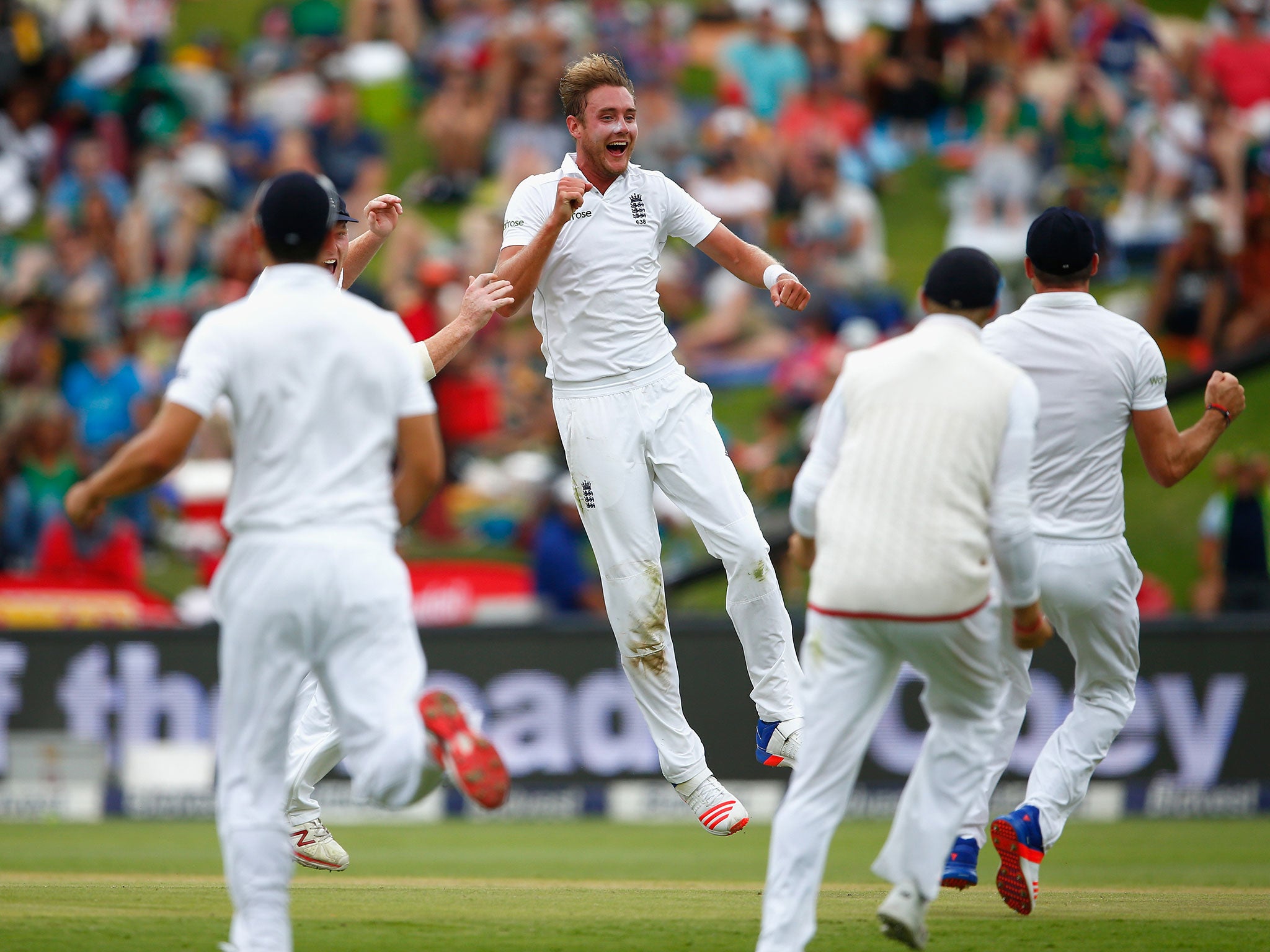 Stuart Broad celebrates after taking the wicket of AB de Villiers for 0