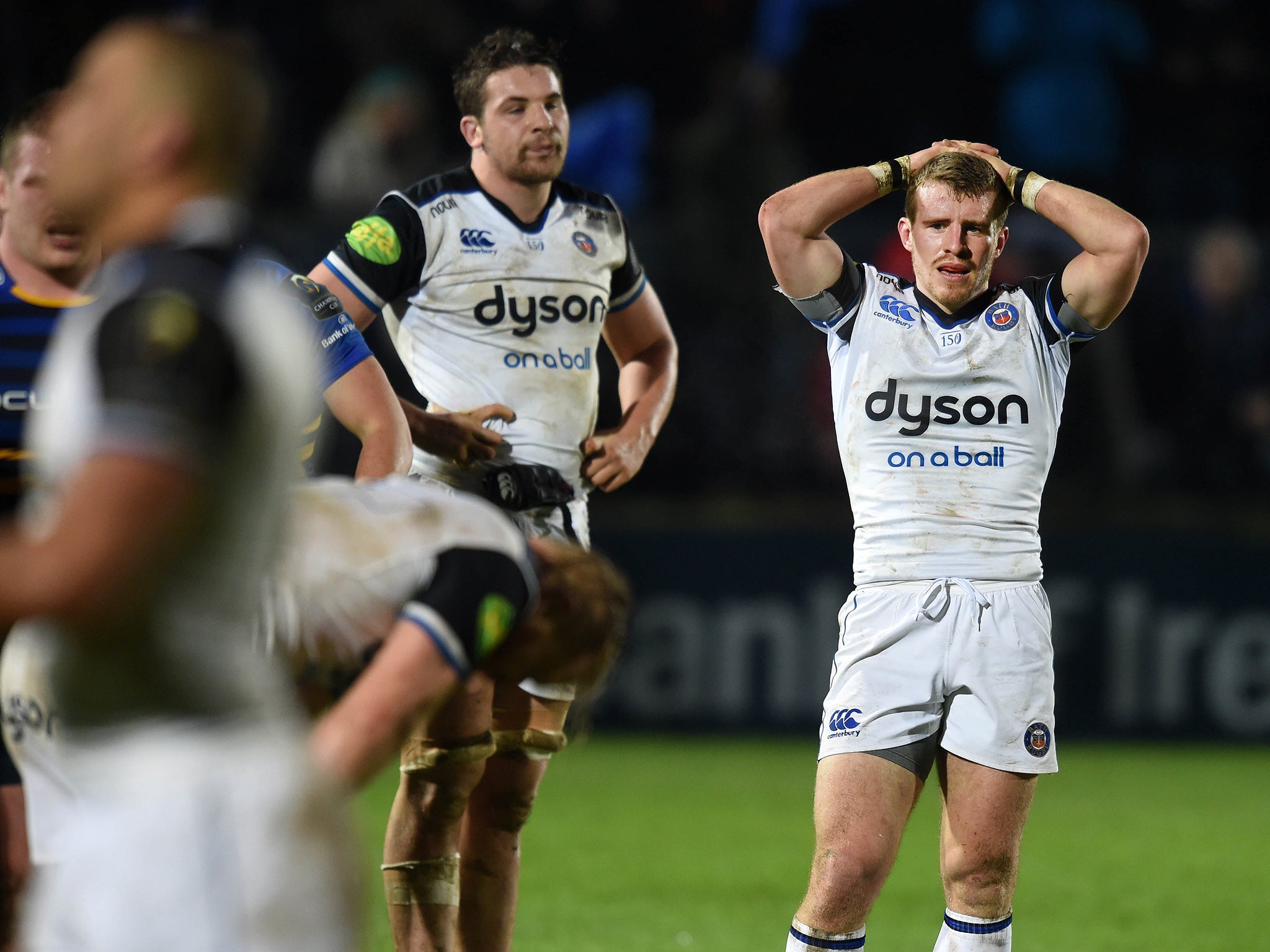 Disappointment at the final whistle for Jonathan Evans (R) of Bath after the European Champions cup Pool 5 rugby game