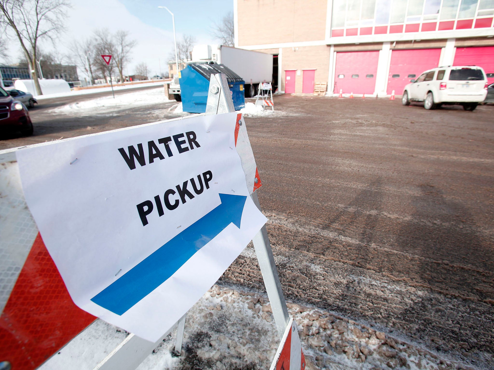 A makeshift water collection point in Flint, Michigan