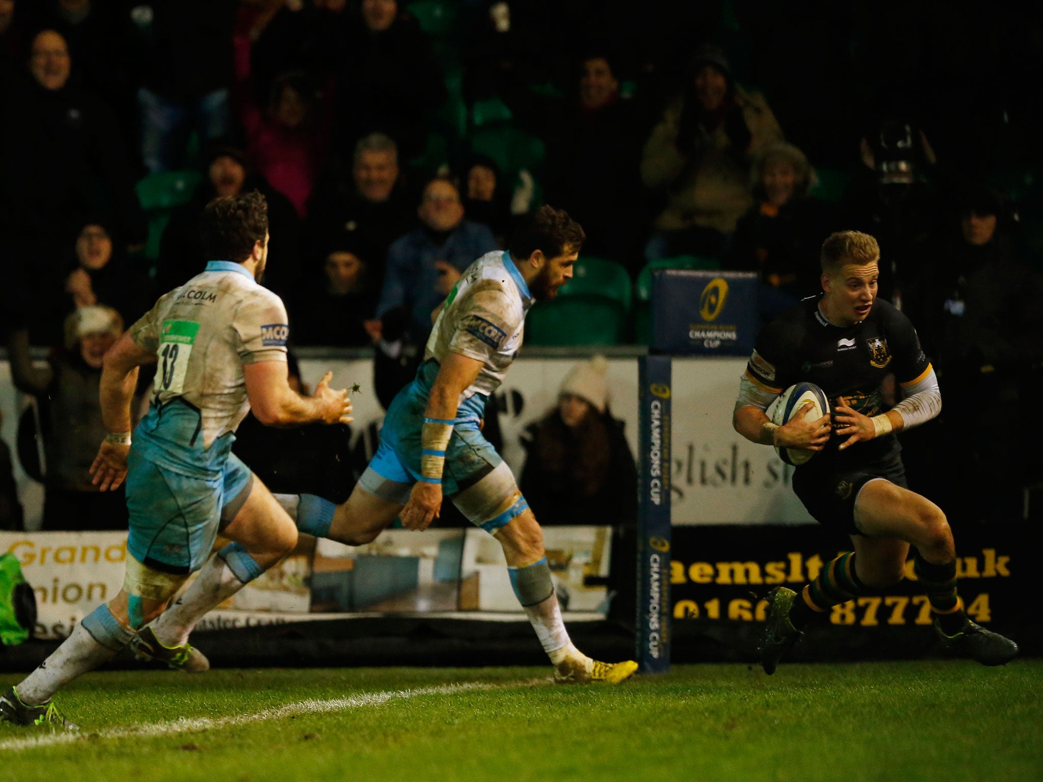 Harry Mallinder goes over for Northampton to earn his side victory against Glasgow