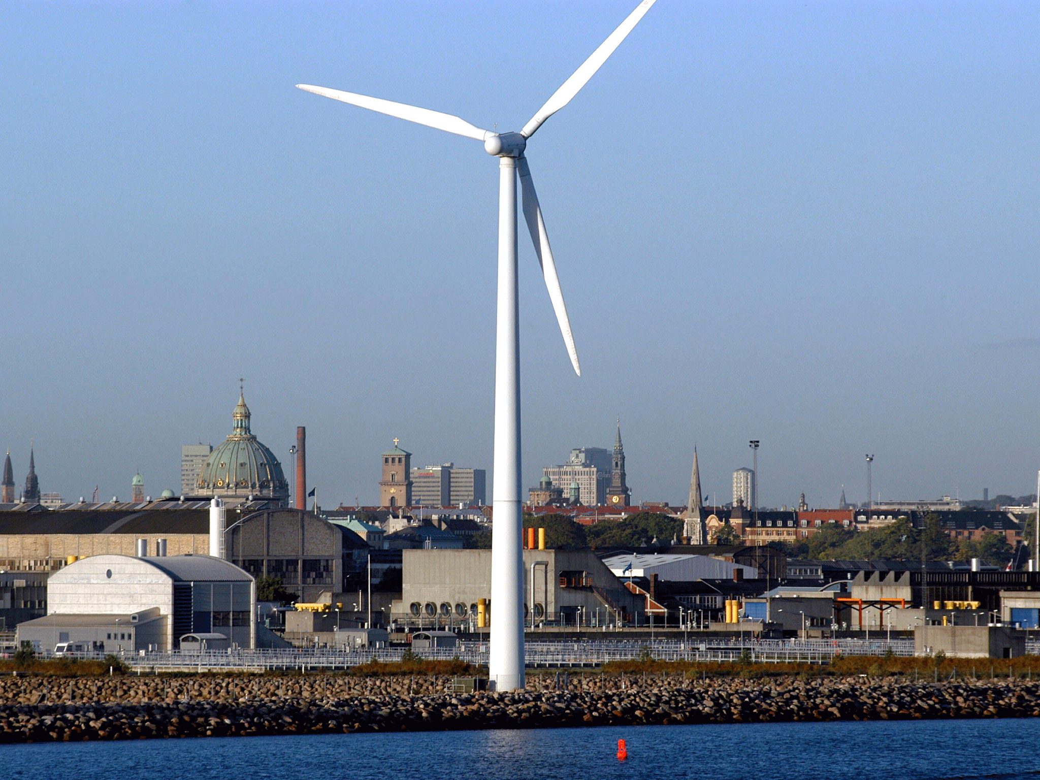 A wind turbine in Copenhagen, Denmark. The country is aiming for 50 percent renewable energy sources within the next five years