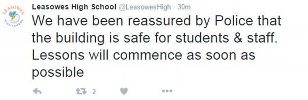 Leasowes School took to Twitter to say that police had told them the building has now been declared safe