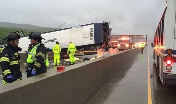 The bus flipped over on route 101 in San Jose, killing two people