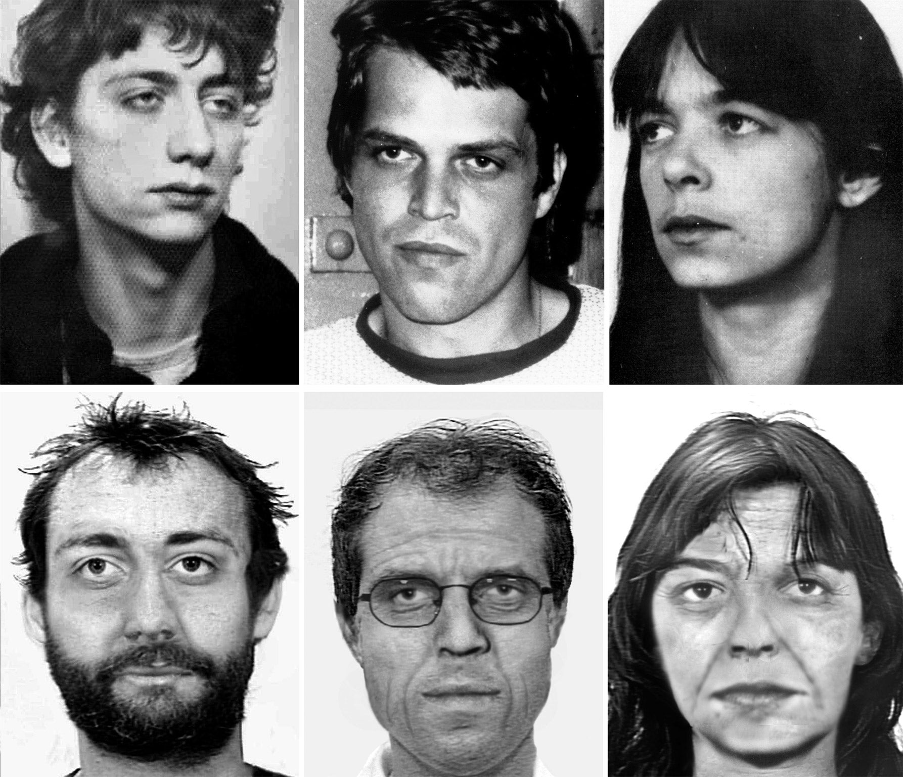 Wanted photos (top) and ageing-simulation images of (from left) Burkard Garweg, Ernst Volker Staub and Daniela Klette, the Baader-Meinhof members said to have carried out the robbery