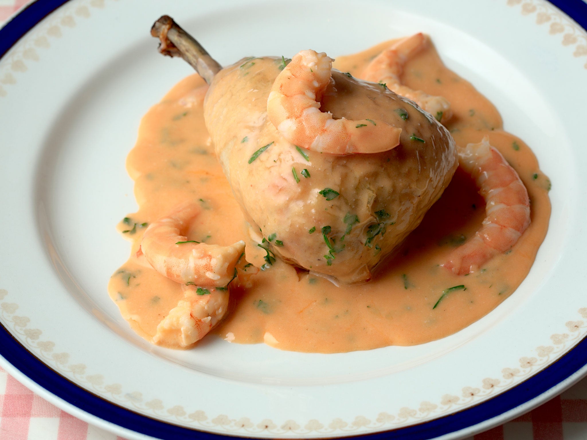 Chicken stuffed with prawns: serve with some lightly cooked young spinach, or sea vegetables