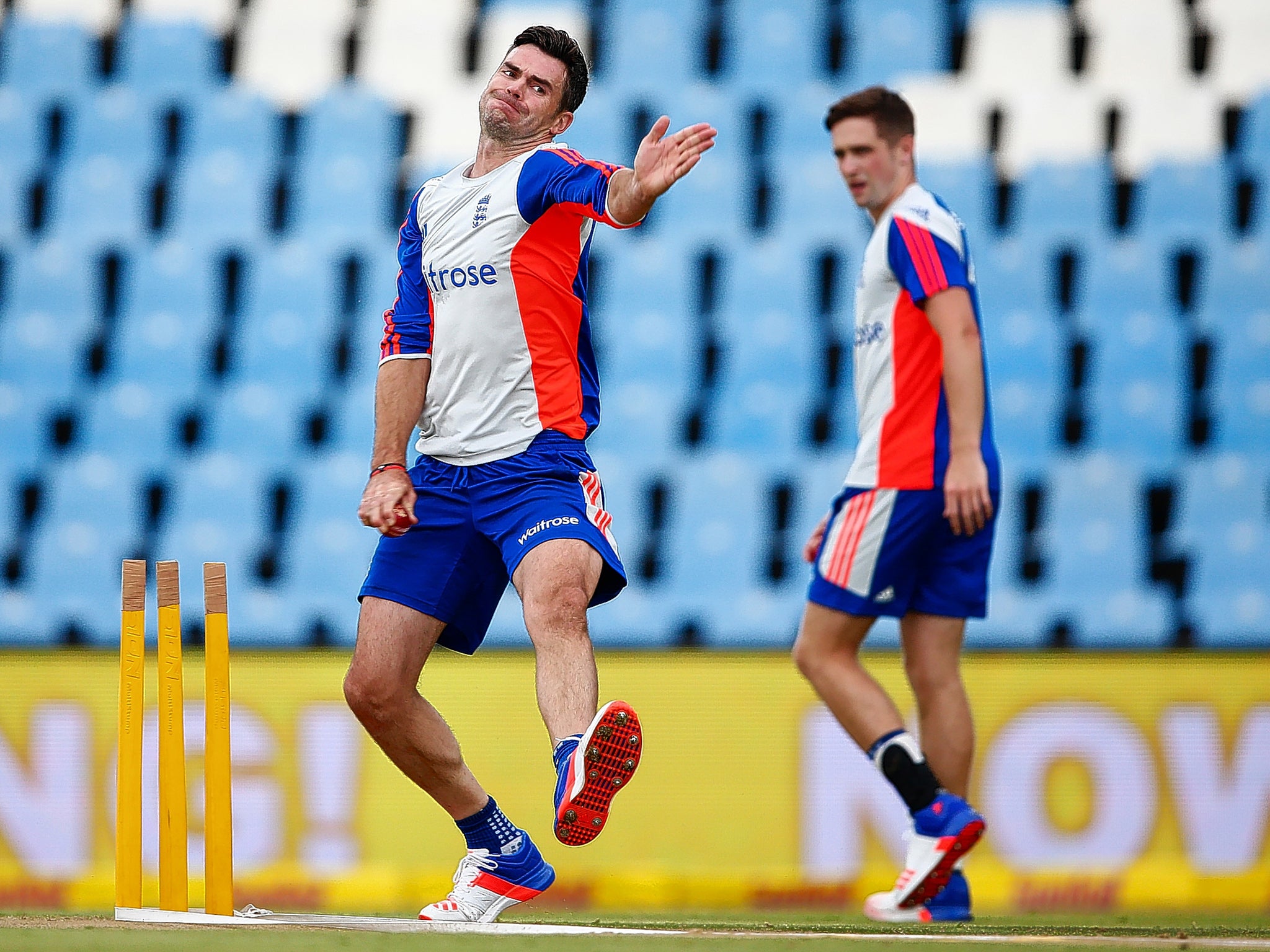 Jimmy Anderson fires in a delivery during England training at Centurion