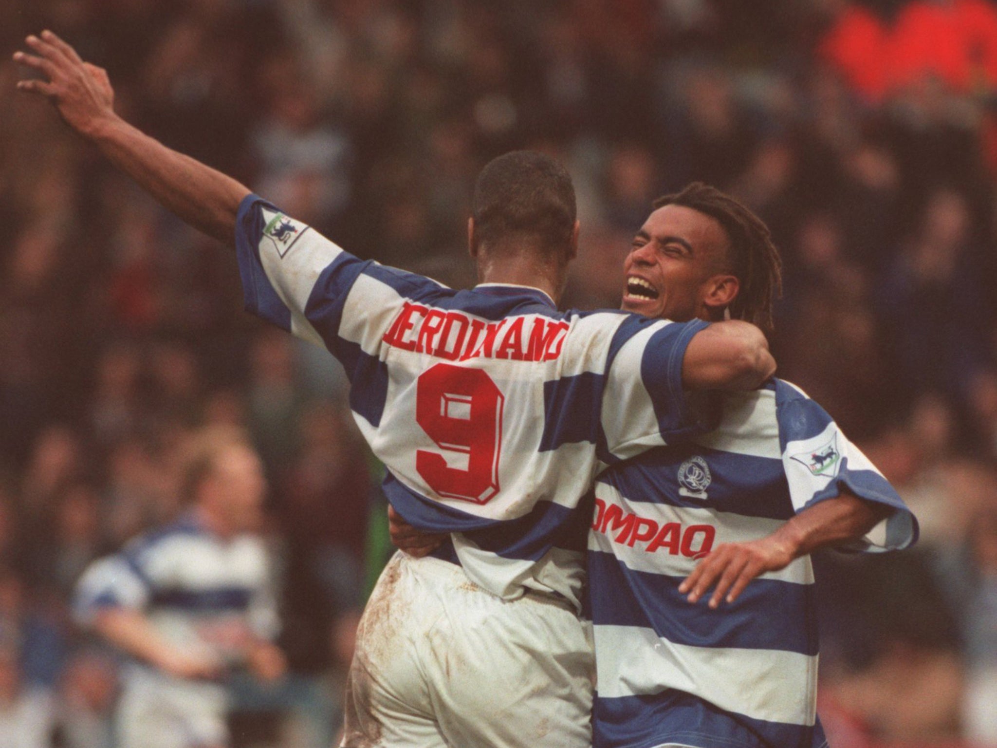 Les Ferdinand and Trevor Sinclair celebrate a goal in 1994