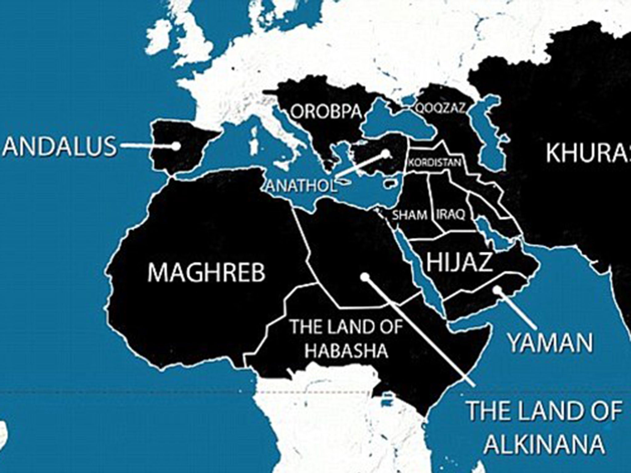 This map, showing the areas Isis plans to have under its control by 2020, was widely shared in 2014