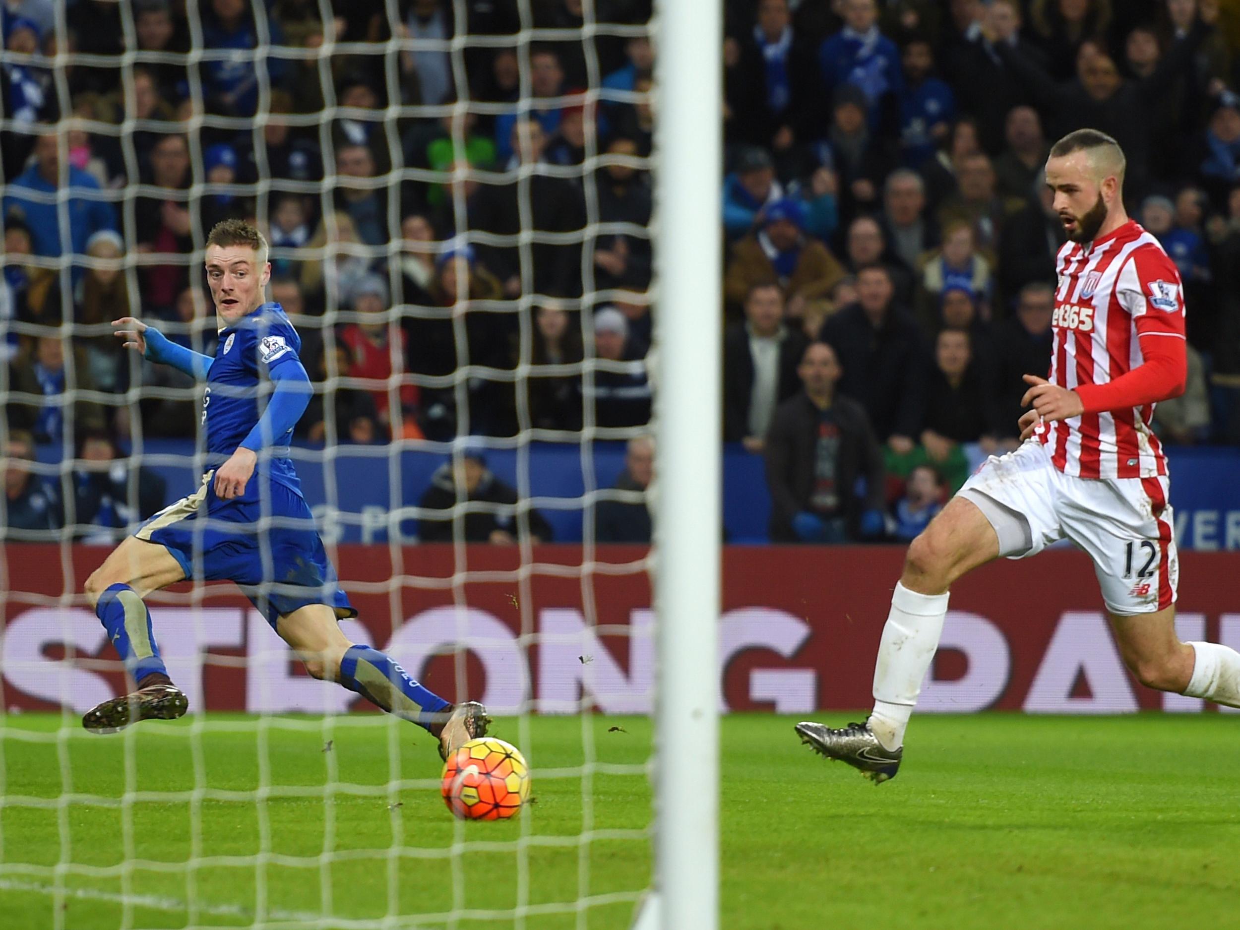 Jamie Vardy watches the ball go in past jack Butland