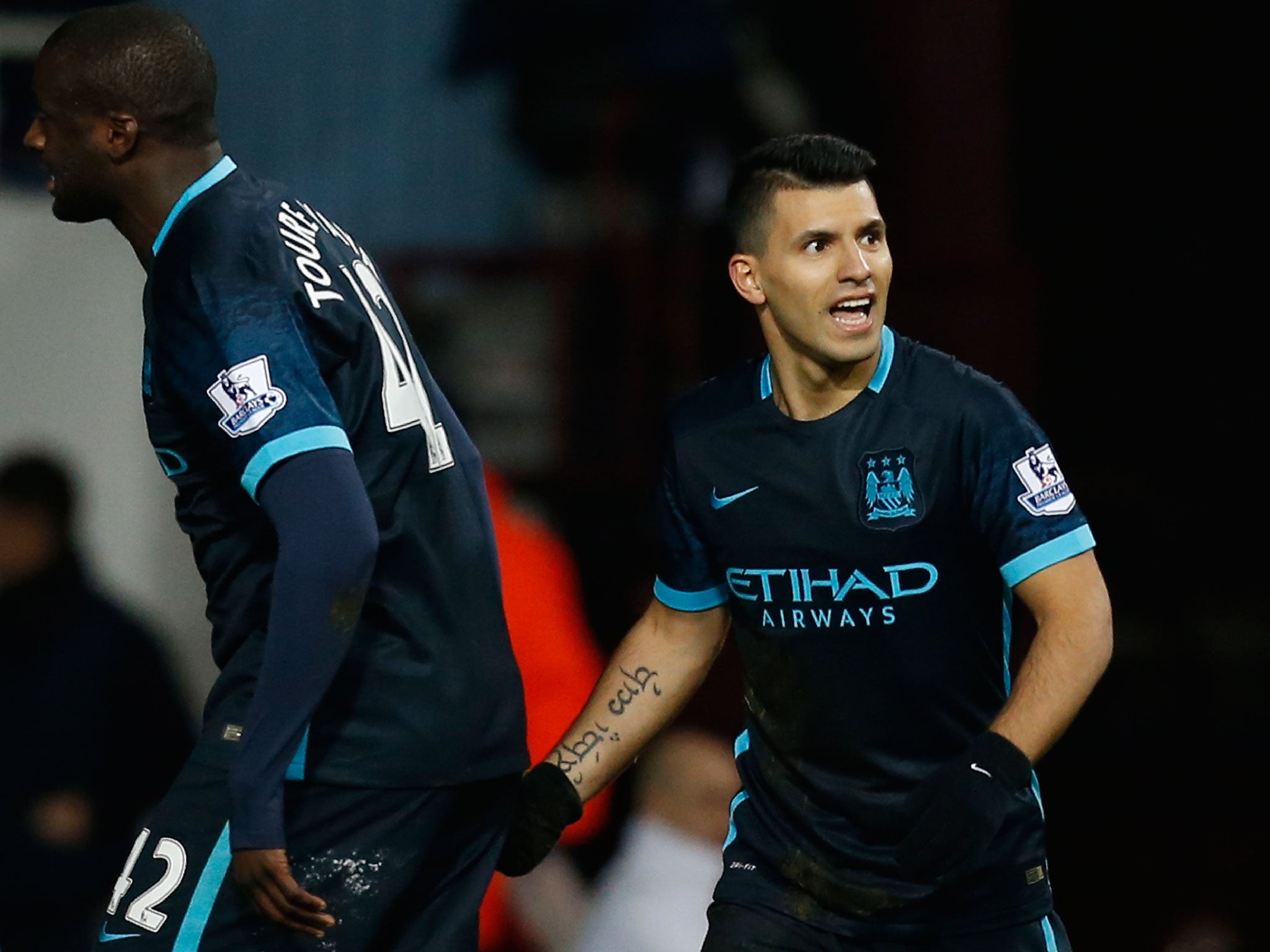 Sergio Aguero celebrates after scoring an equaliser against West Ham