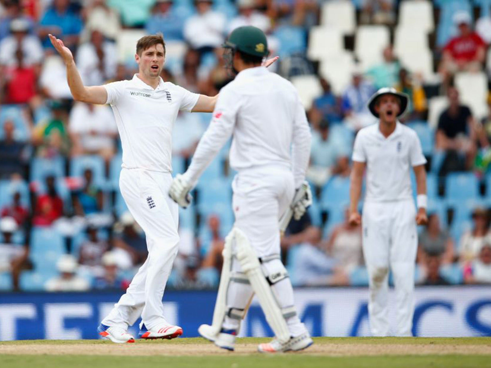 Chris Woakes complains after he was not caught by Jonny Bairstow