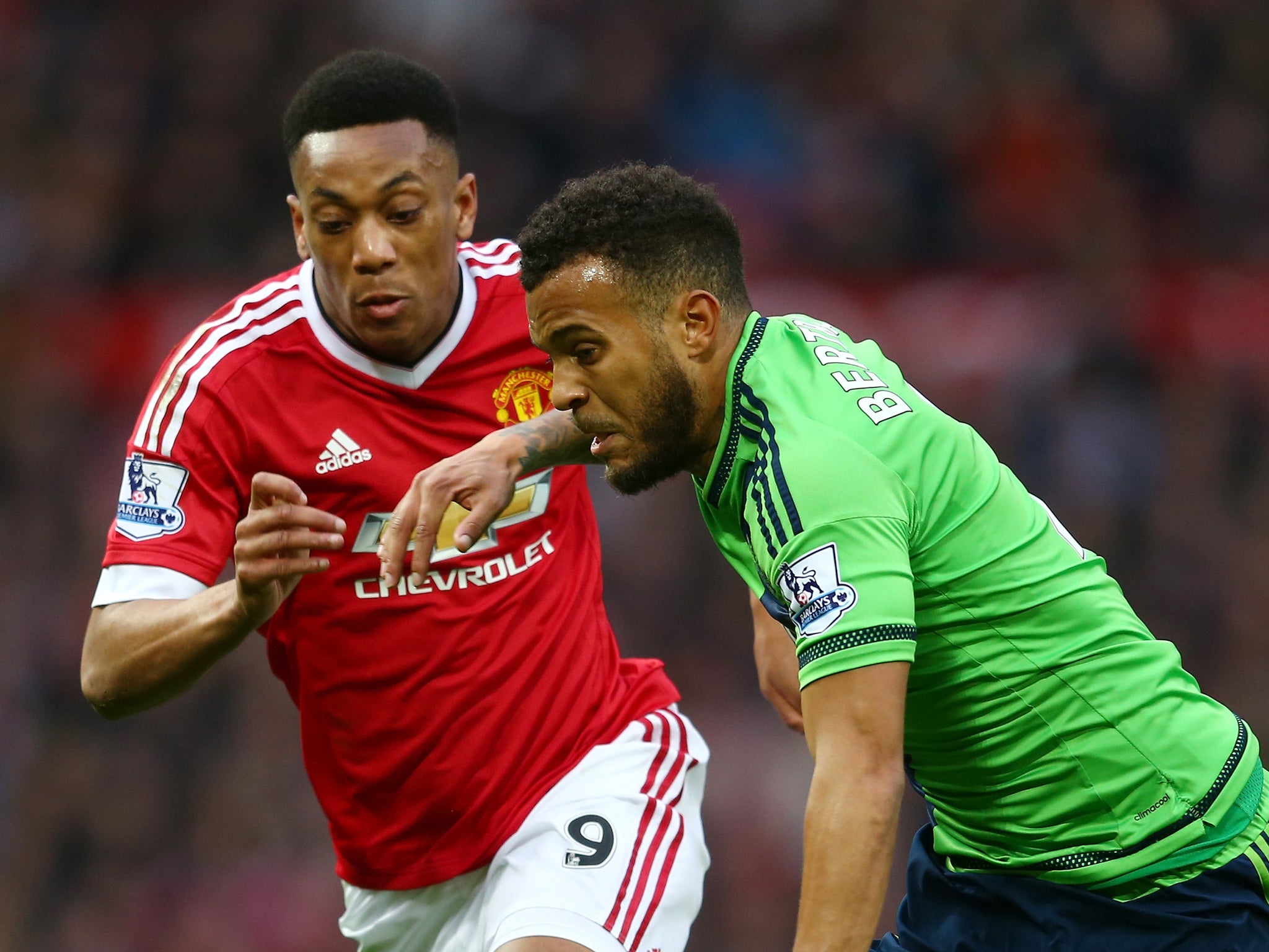 Southampton full-back Ryan Bertrand takes on Anthony Martial