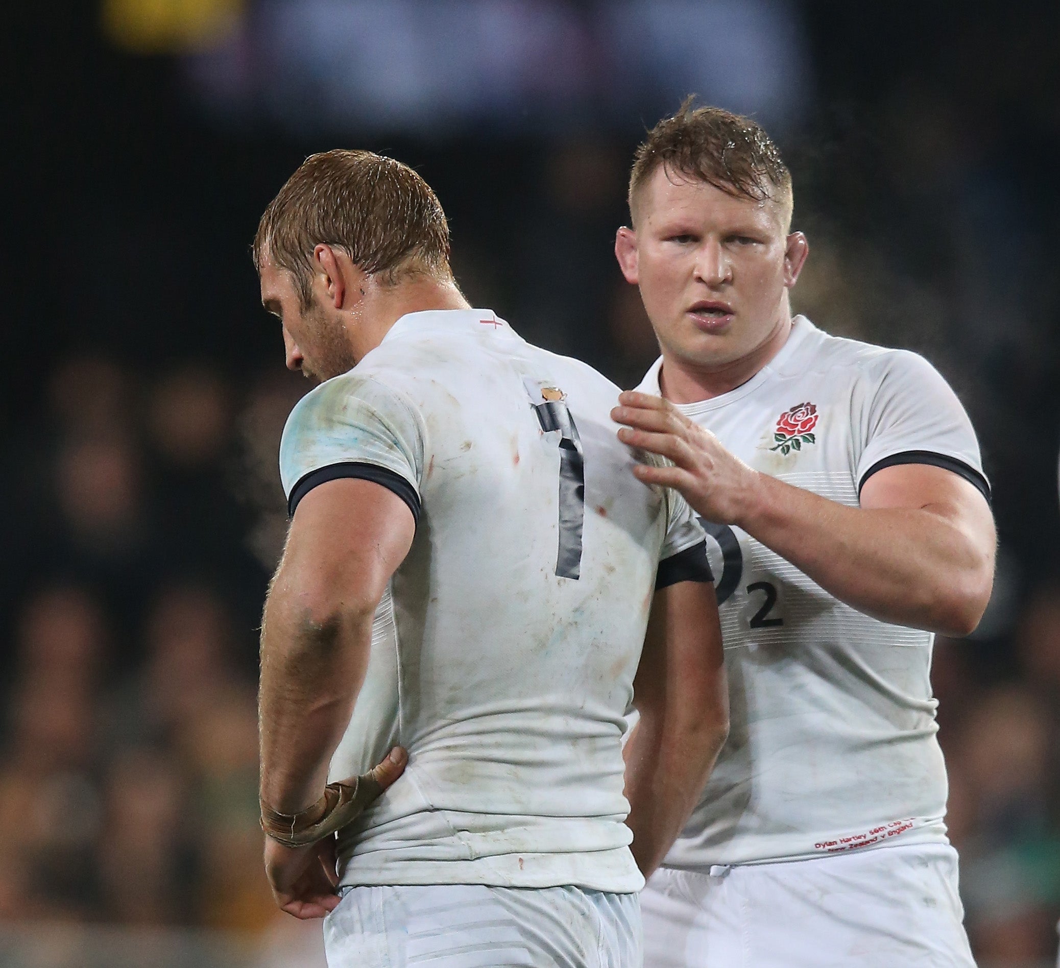 New England captain Dyland Hartley with predecessor Chris Robshaw