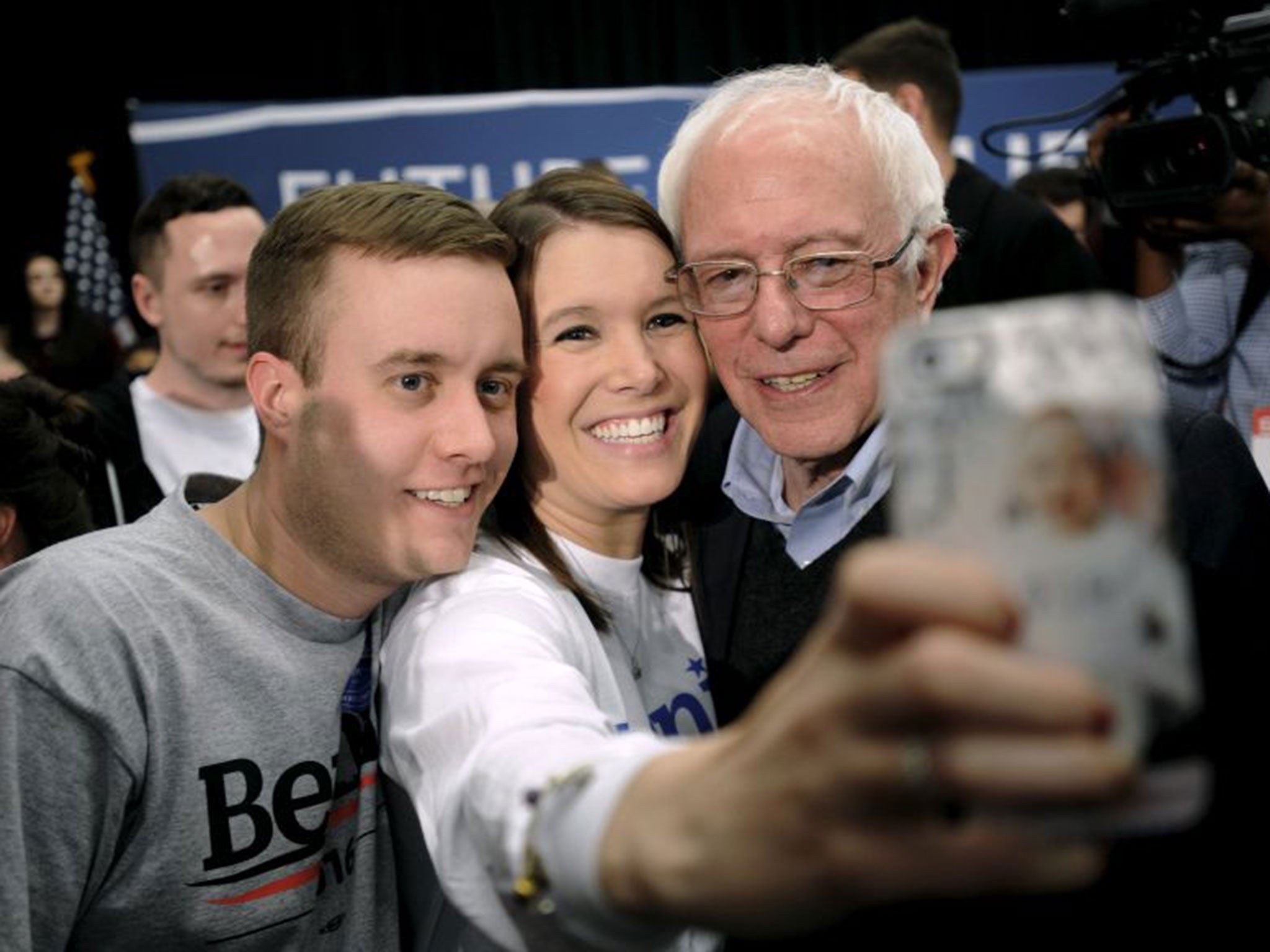 The Democratic presidential hopeful Bernie Sanders with supporters at a town hall meeting in Independence, Iowa