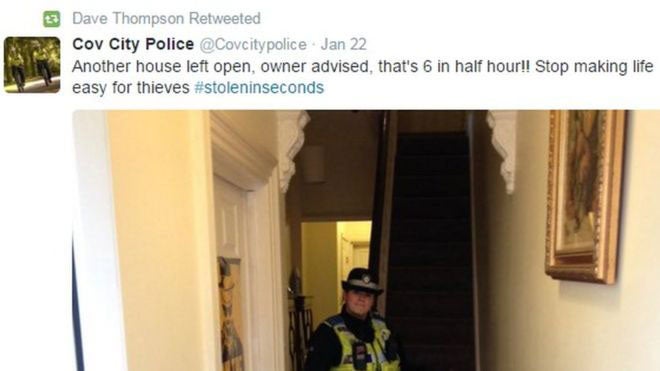 A screenshot from Coventry City Police's twitter feed showing an officer in an unlocked home