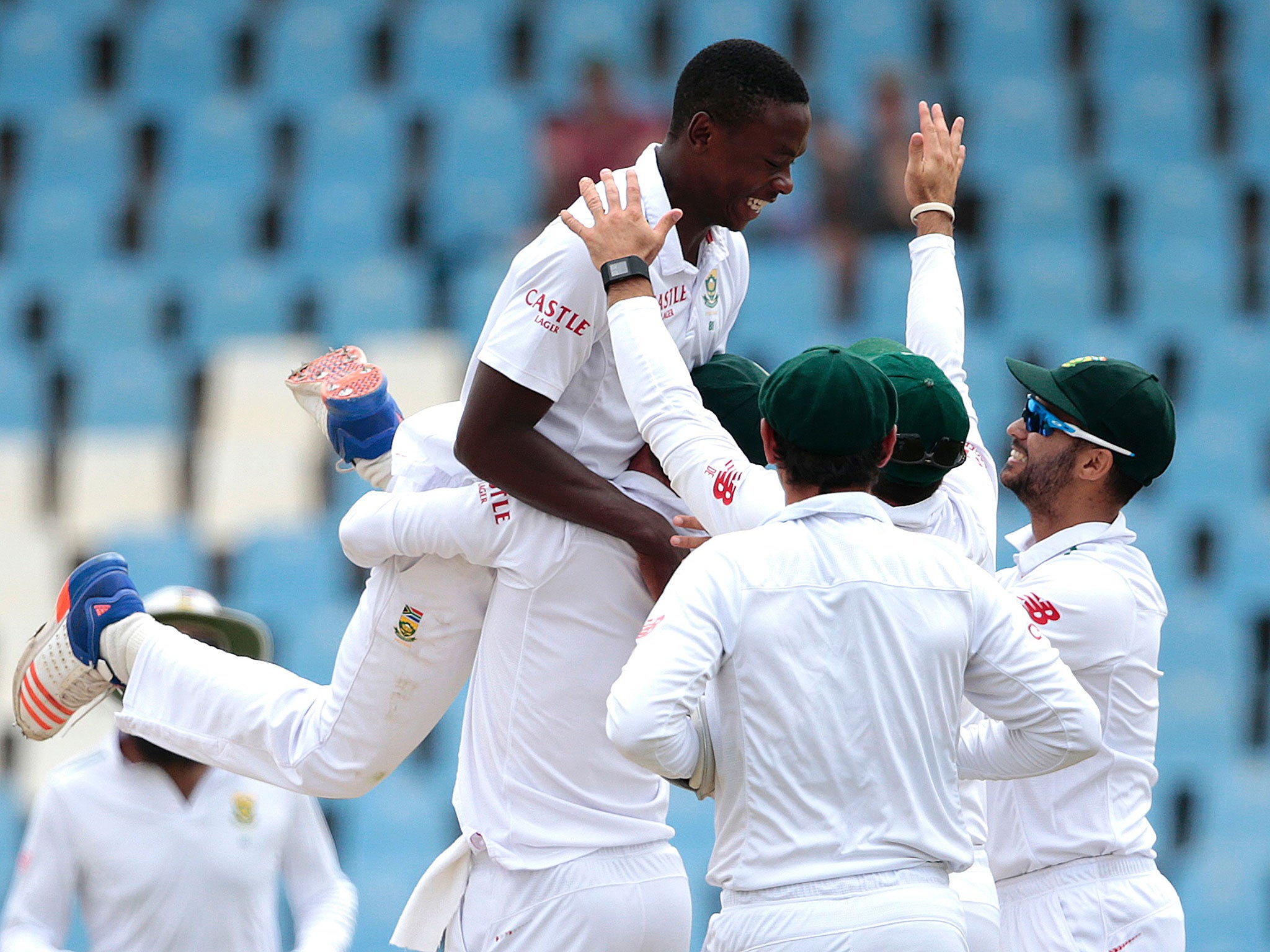 Kagiso Rabada celebrates taking the wicket of Jonny Bairstow