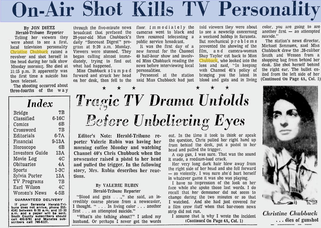 Sarasota Herald-Tribune's initial news story on Chubbuck's death