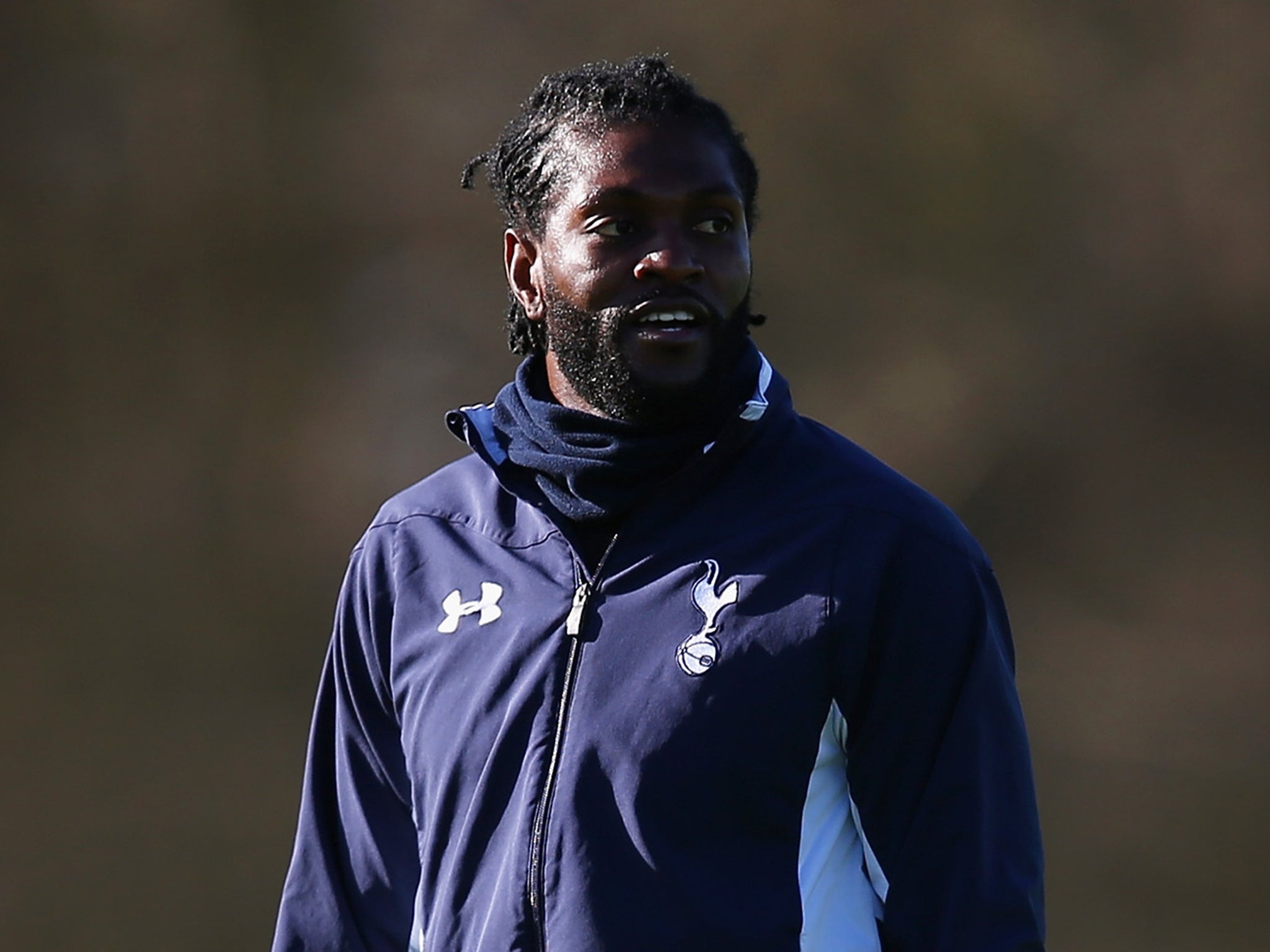 Emmanuel Adebayor in training with Tottenham Hotspur last year