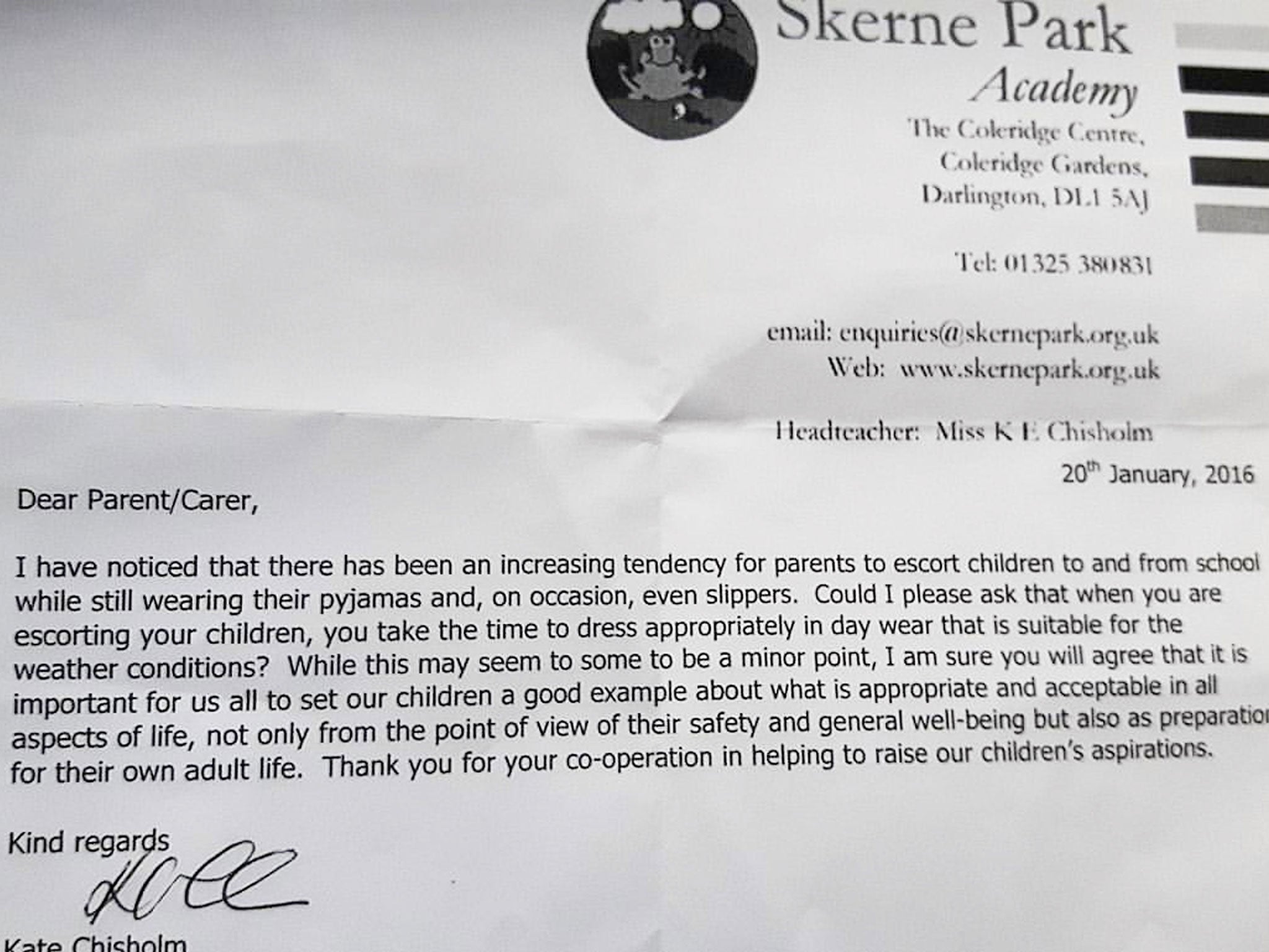 A letter written to parents by Kate Chisholm, headteacher at Skerne Park Academy