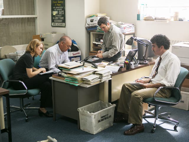 On set: (from left) Rachel McAdams, Michael Keaton, Mark Ruffalo and Brian d'Arcy James