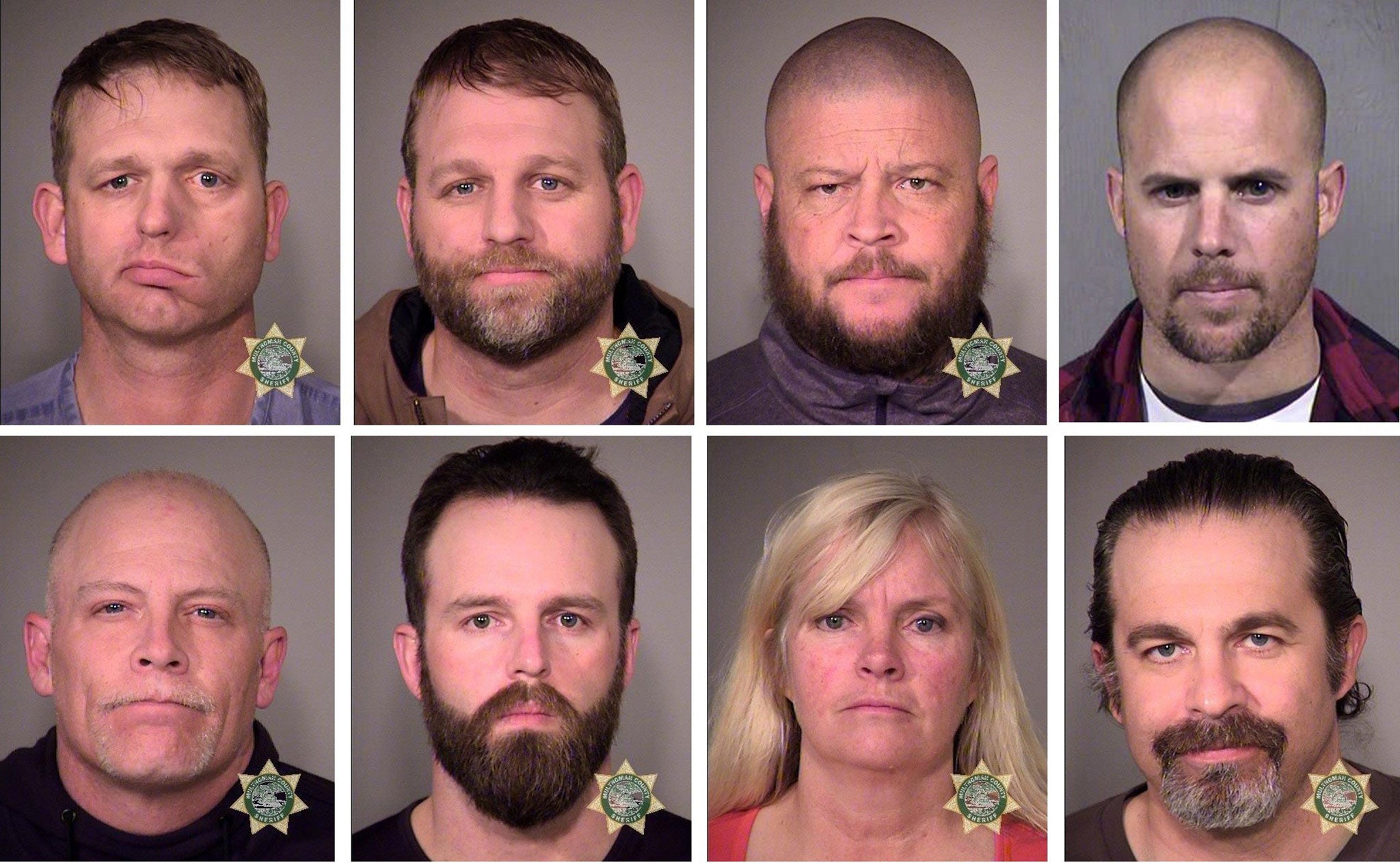 Clockwise from top left: Oregon anti-government protesters: Ryan Bundy, Ammon Bundy, Brian Cavalier, Jon Tizheimer, Peter Santilli, Shawna Cox, Ryan Payne and Joseph O'Shaughnessy