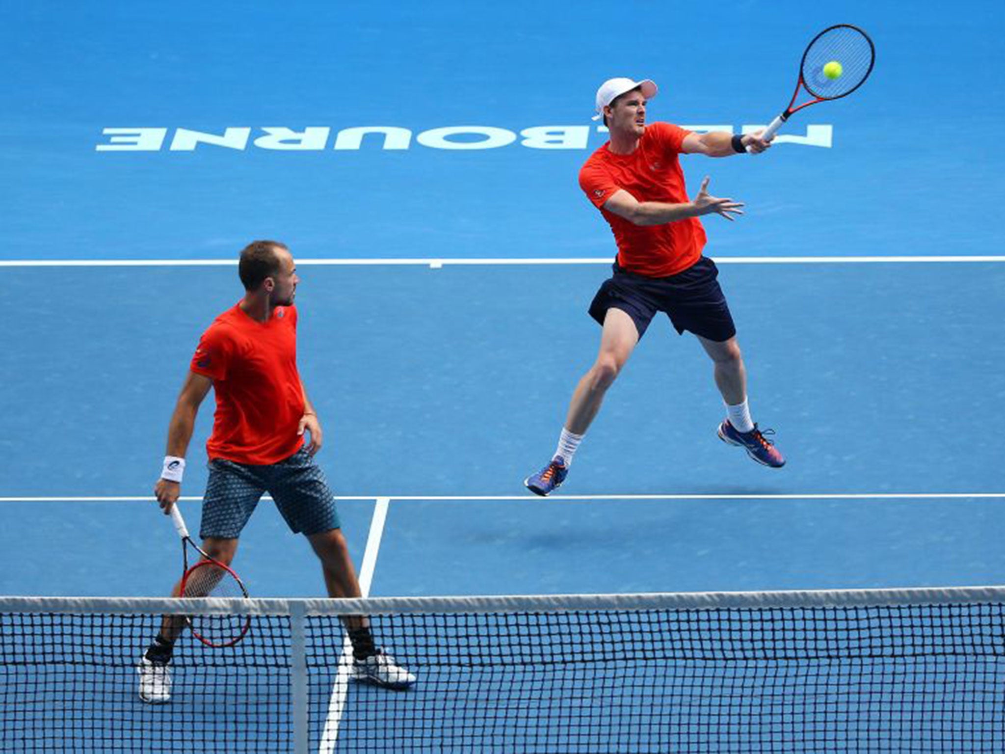 Jamie Murray plays a forehand during his and Bruno Soares’ 6-3, 6-1 doubles semi-finals victory against Adrian Mannarino and Lucas Pouille