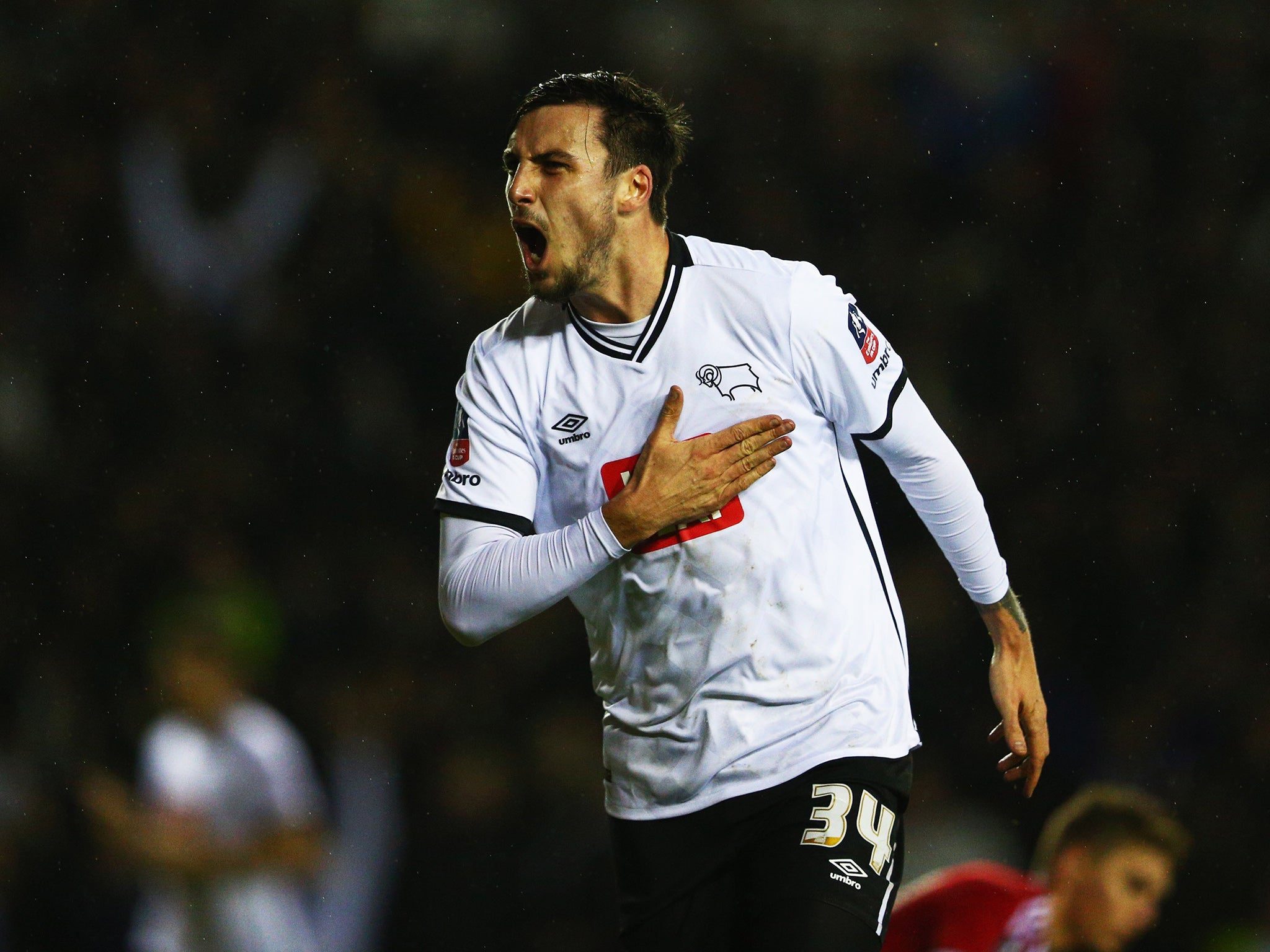 George Thorne celebrates after scoring Derby's equaliser